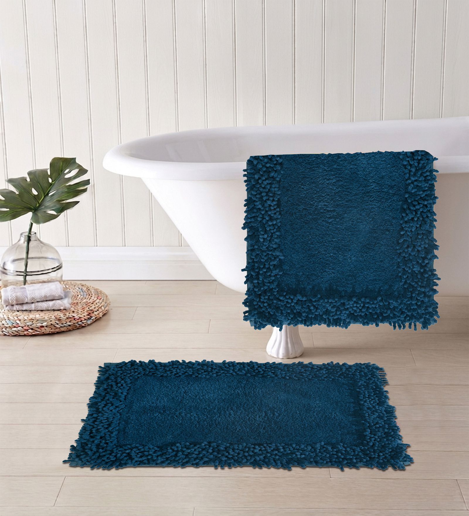 Blue Cotton 16X24 Inches Anti-Skid Bath Mat Set Of 2