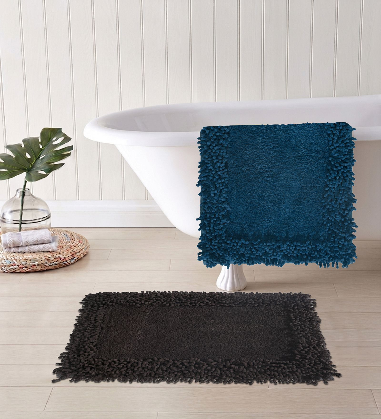 Blue And Grey Cotton 16X24 Inches Anti-Skid Bath Mat Set Of 2