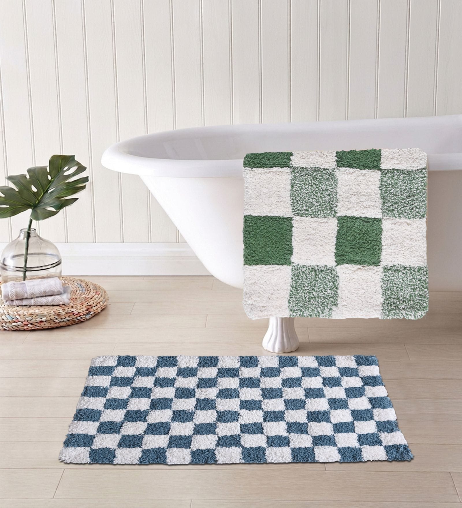 Green And Blue Cotton 16X24 Inches Anti-Skid Bath Mat Set Of 2