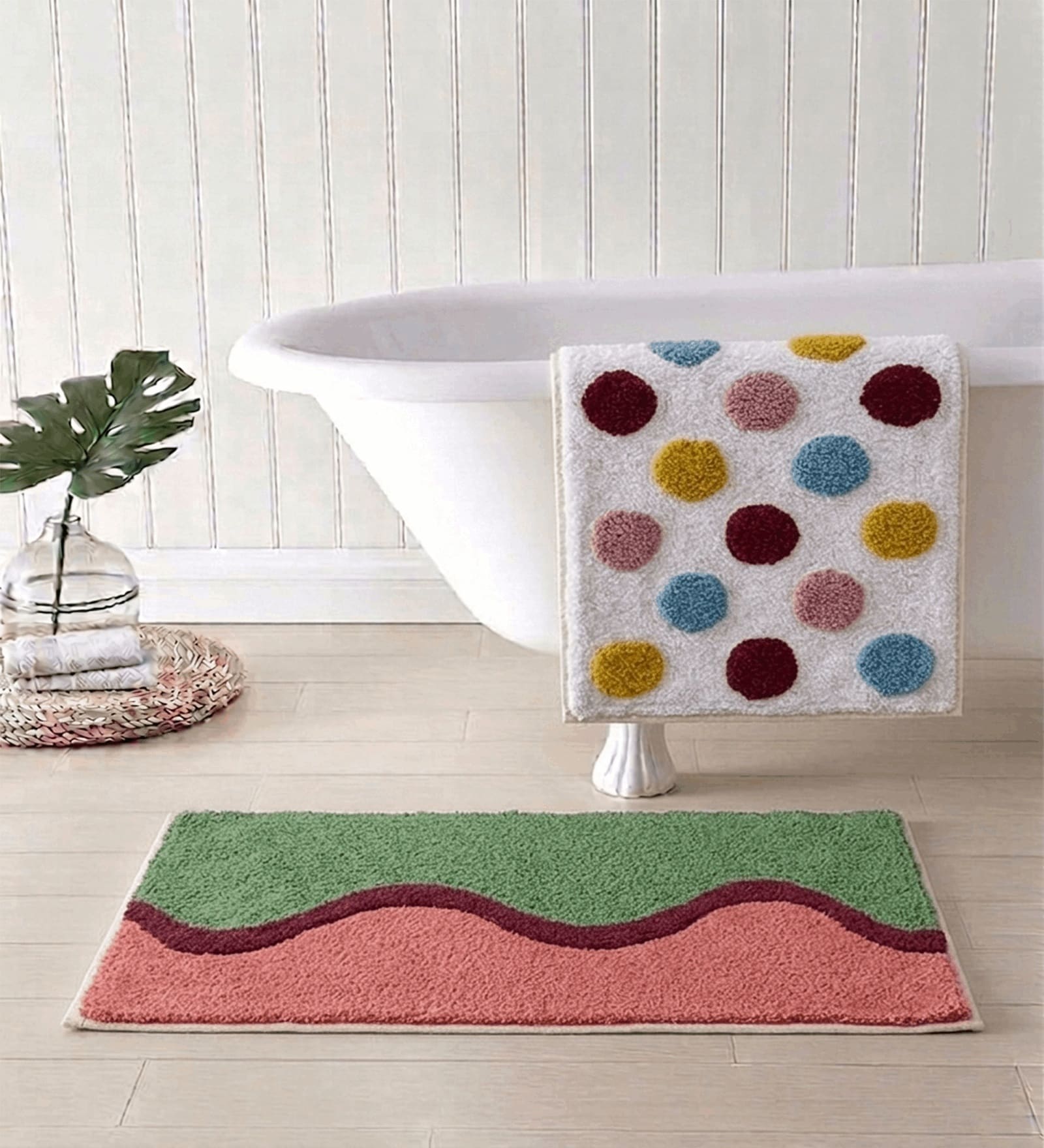 Multicolor Cotton 16X24 Inches Anti-Skid Bath Mat Set Of 2
