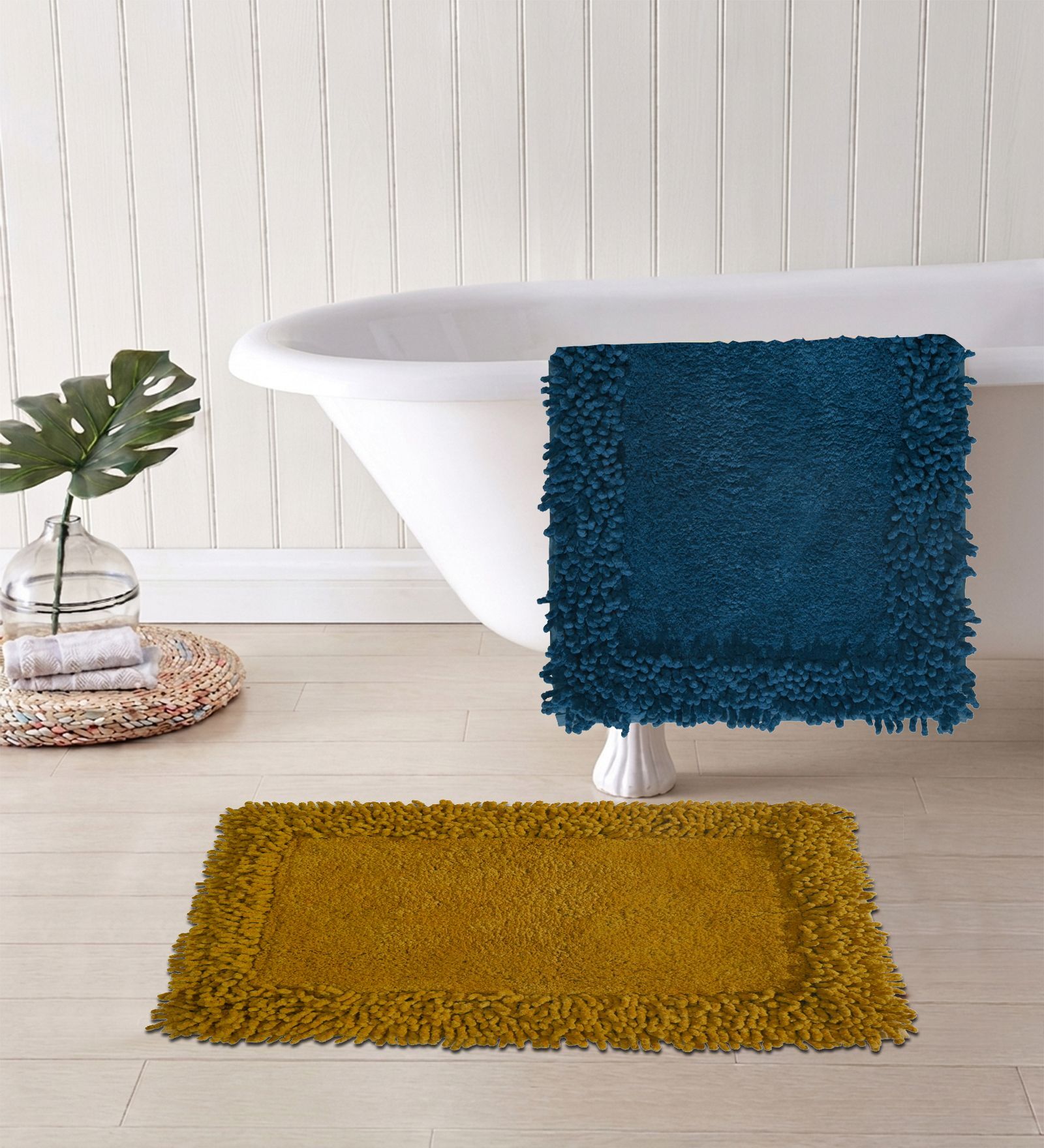 Yellow And Blue Cotton 16X24 Inches Anti-Skid Bath Mat Set Of 2