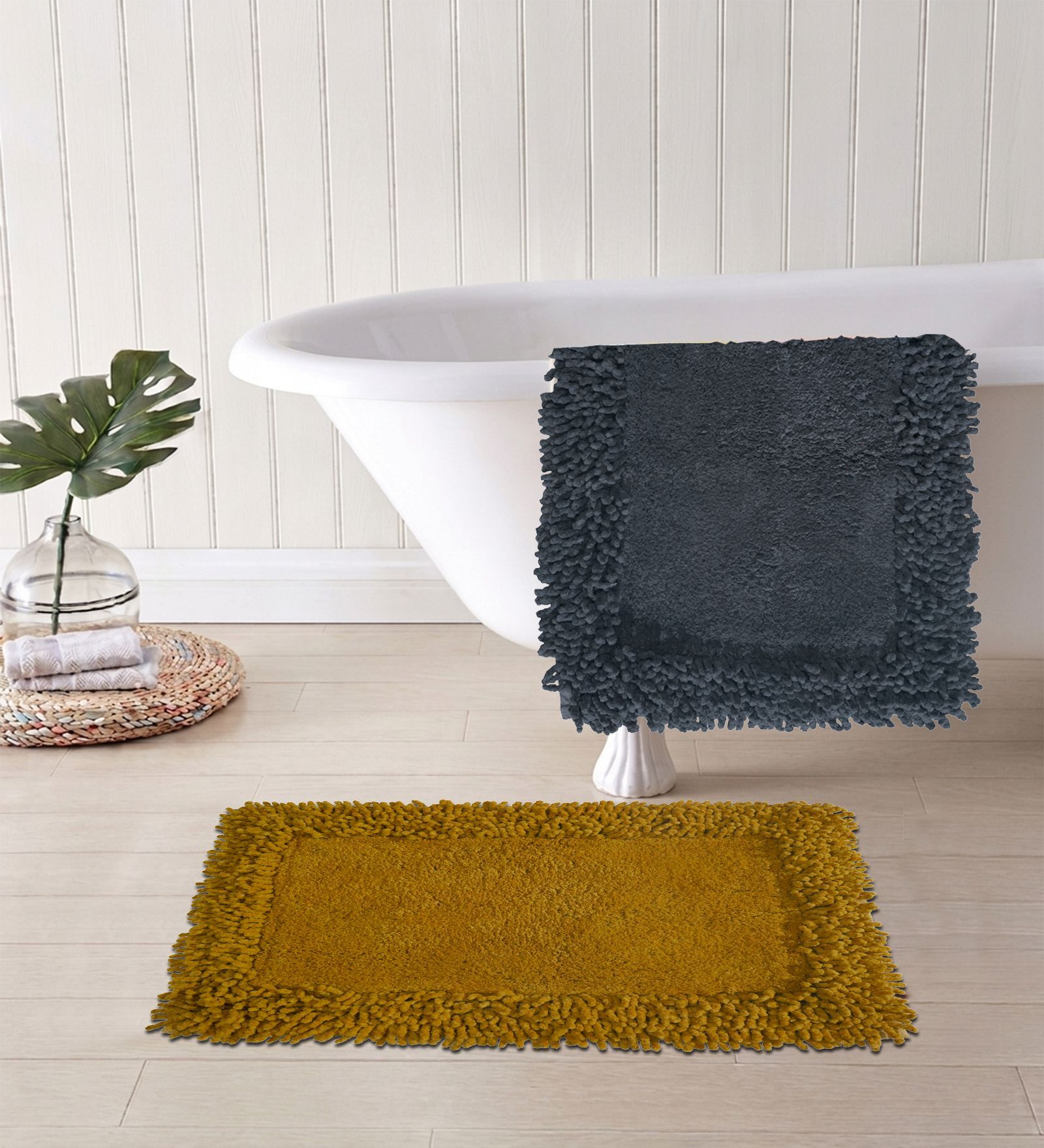 Yellow And Grey Cotton 16X24 Inches Anti-Skid Bath Mat Set Of 2