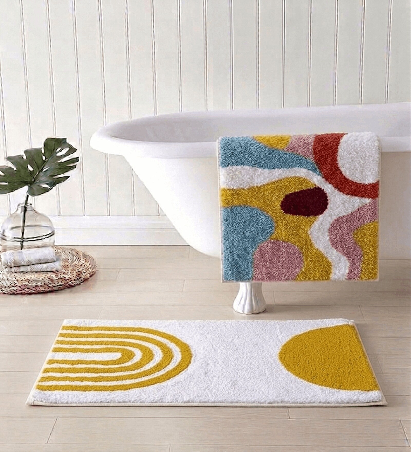 Yellow And White Cotton 16X24 Inches Anti-Skid Bath Mat Set Of 2