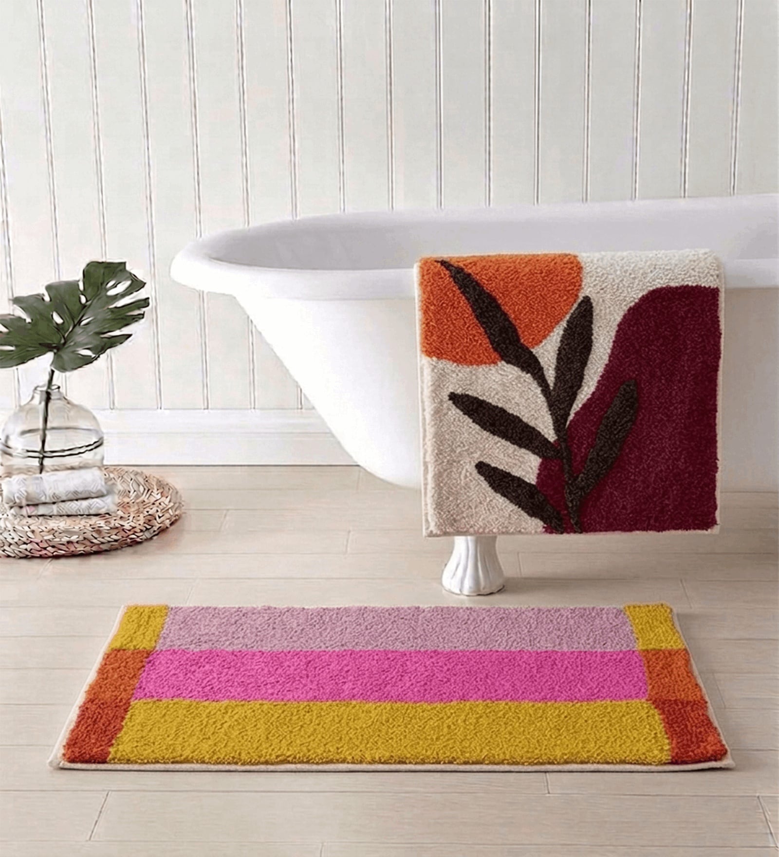 Multicolor Cotton 16X24 Inches Anti-Skid Bath Mat Set Of 2