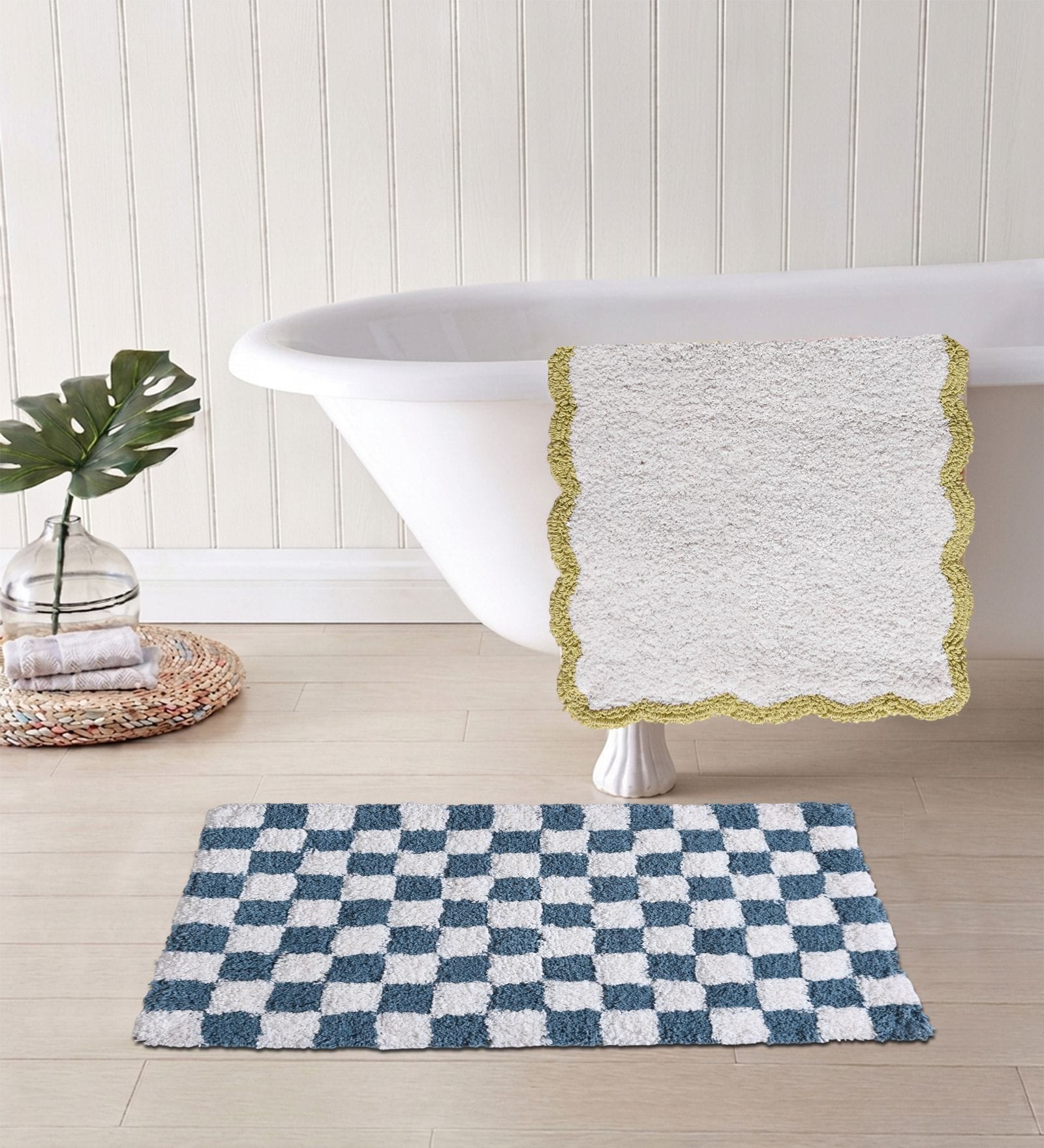 Blue And Cream Cotton 16X24 Inches Anti-Skid Bath Mat Set Of 2