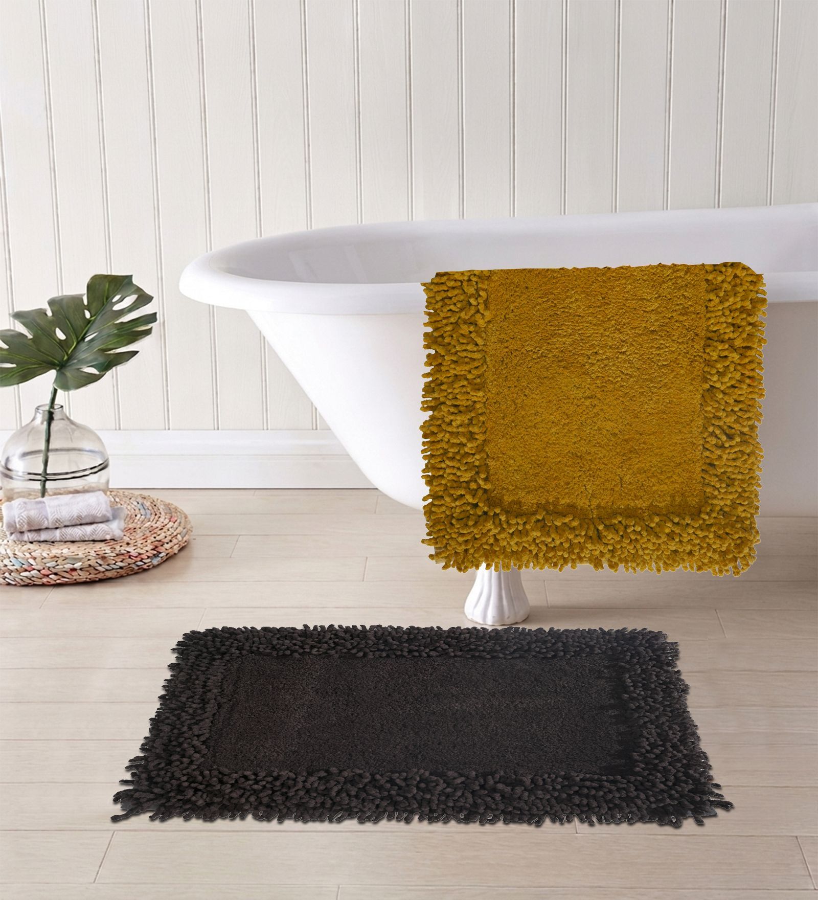 Grey And Yellow Cotton 16X24 Inches Anti-Skid Bath Mat Set Of 2