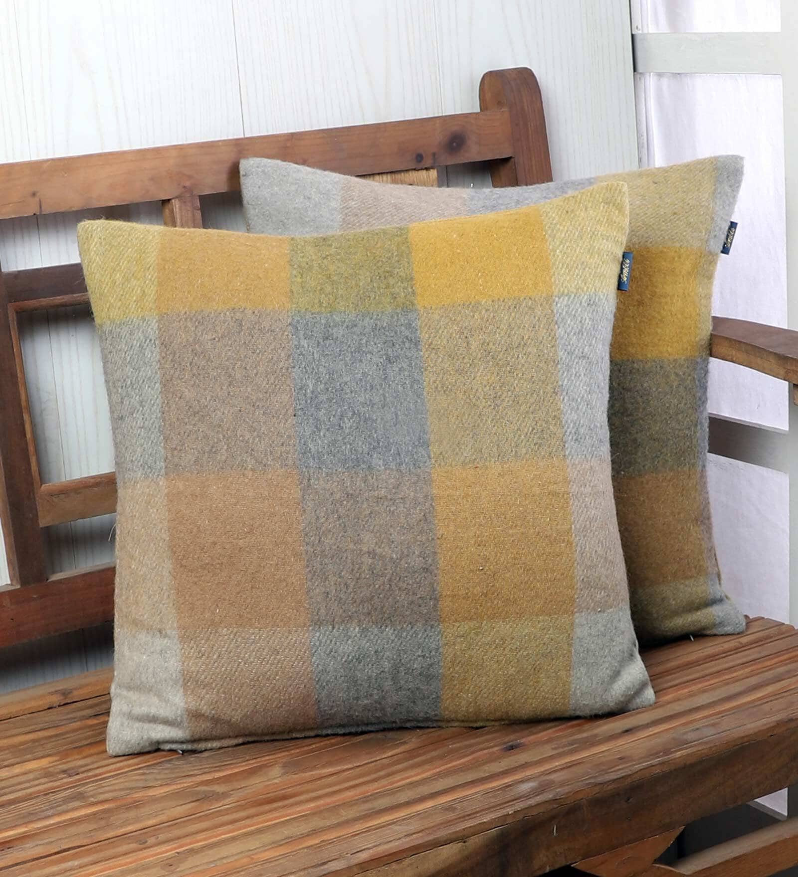 Yellow Checkered Wool 16 x 16 Inches Cushion Cover