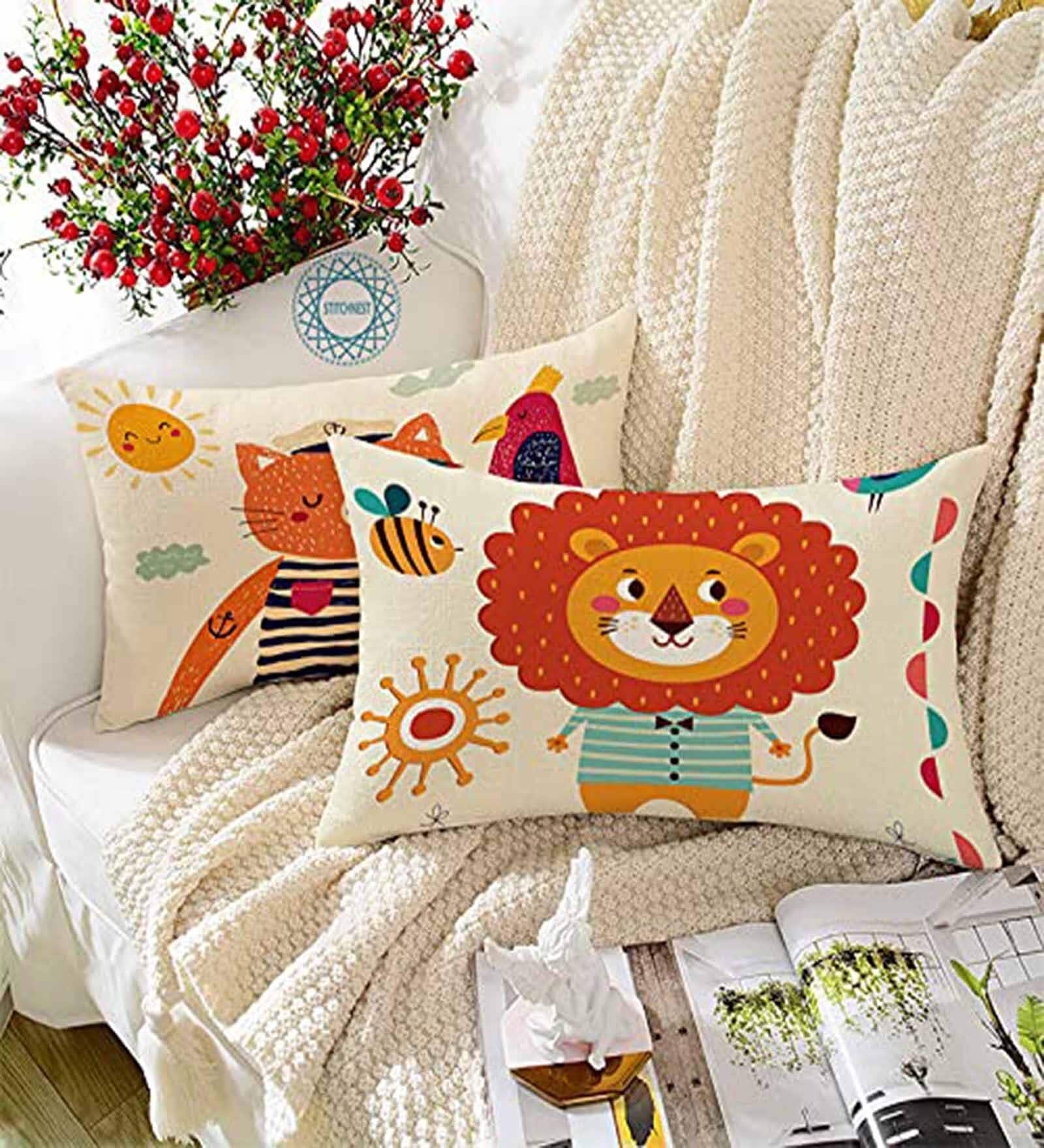 Multicolor Cotton Animal 18x12 inches Cushion Covers (Pack of 2)