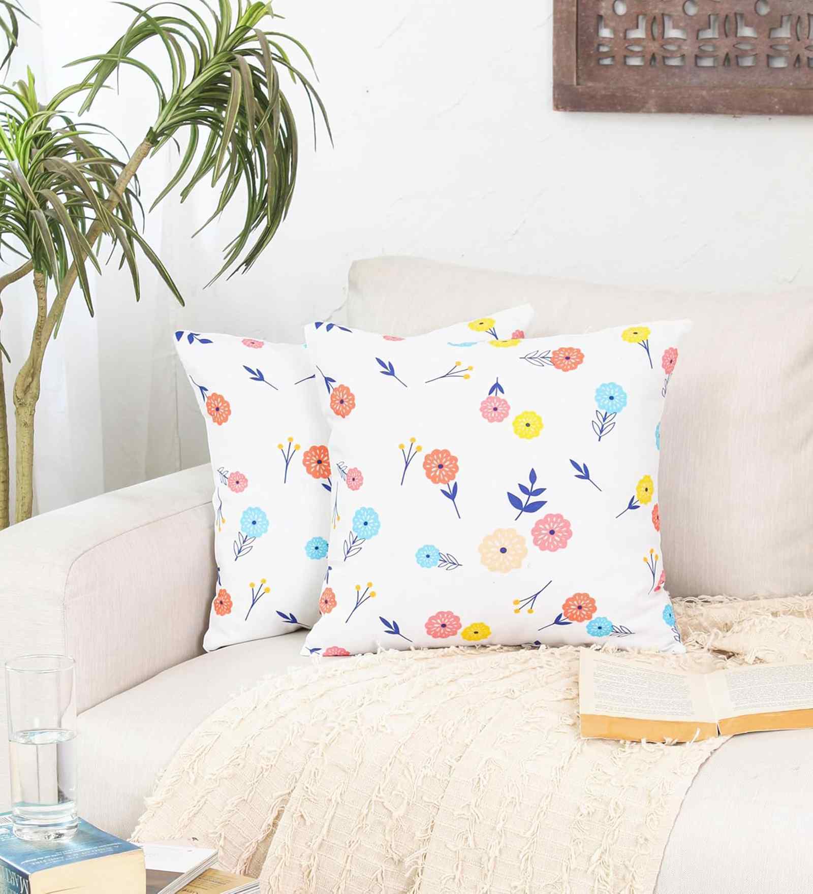 Multicolor Cotton Floral 16x16 inches Cushion Cover Set of 2