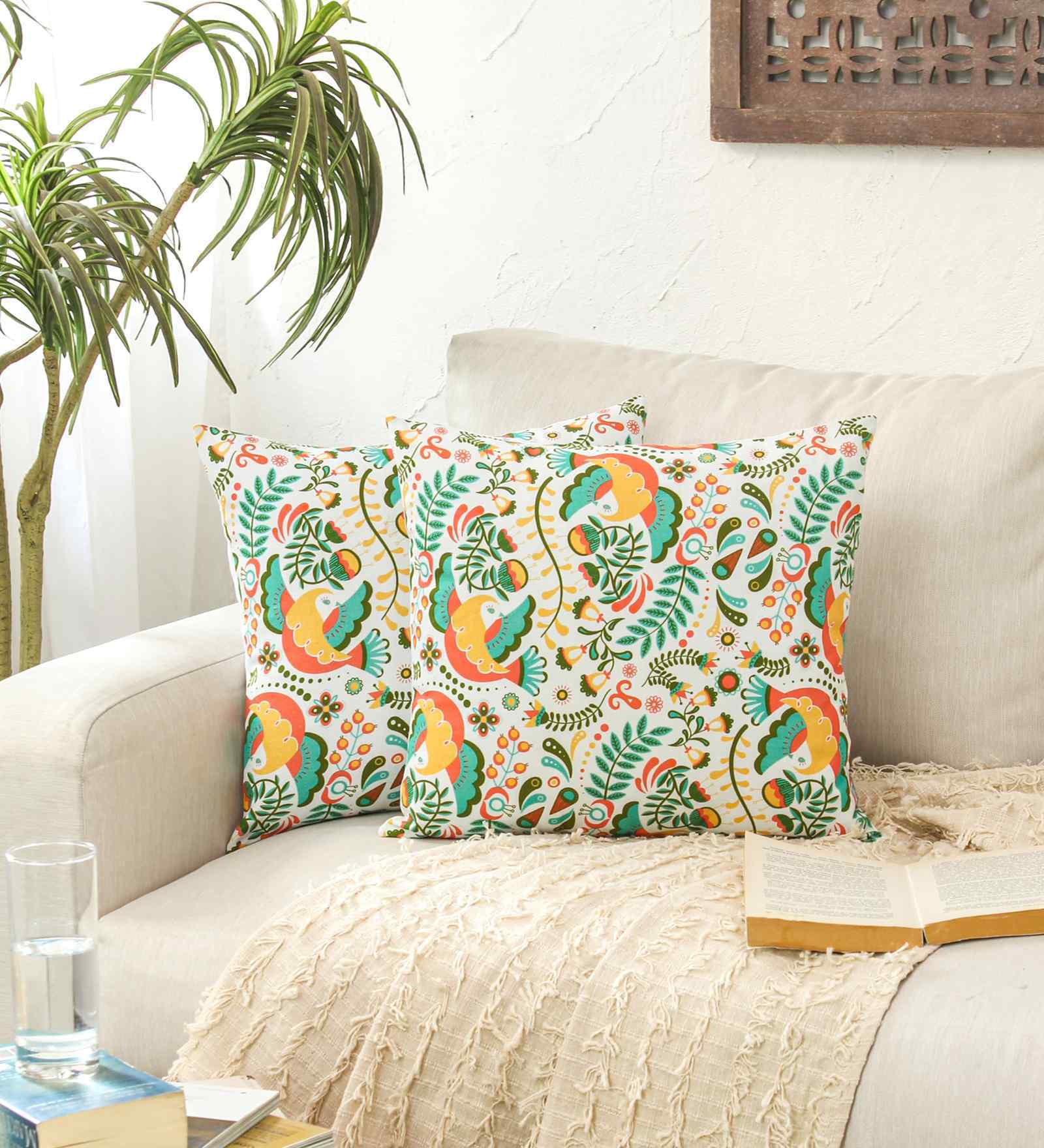 Multicolor Cotton Floral 16x16 inches Cushion Cover Set of 2