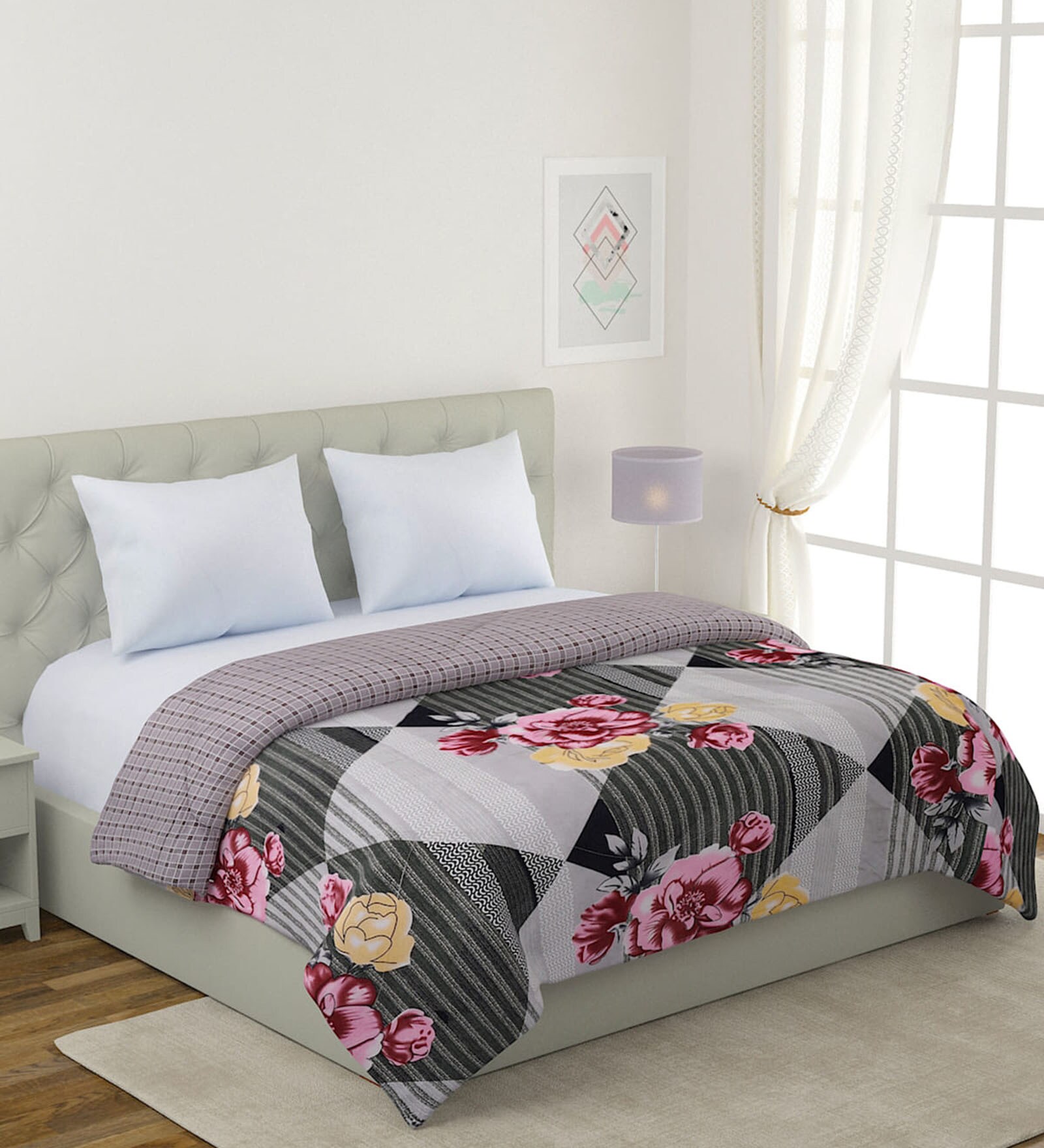 Grey Cotton Floral 200 GSM Double Bed Comforter