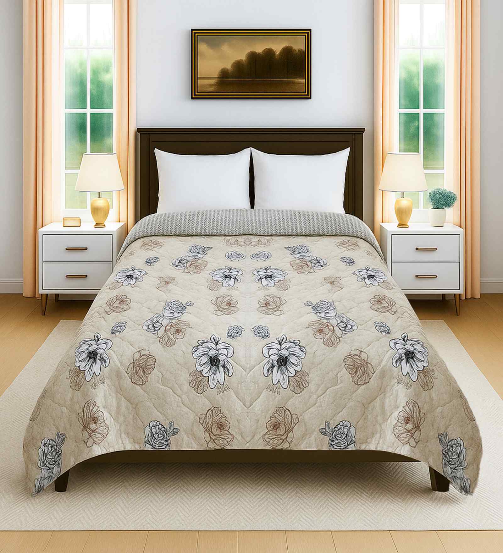 Beige Cotton Floral 300 GSM Double Bed Reversible Comforter