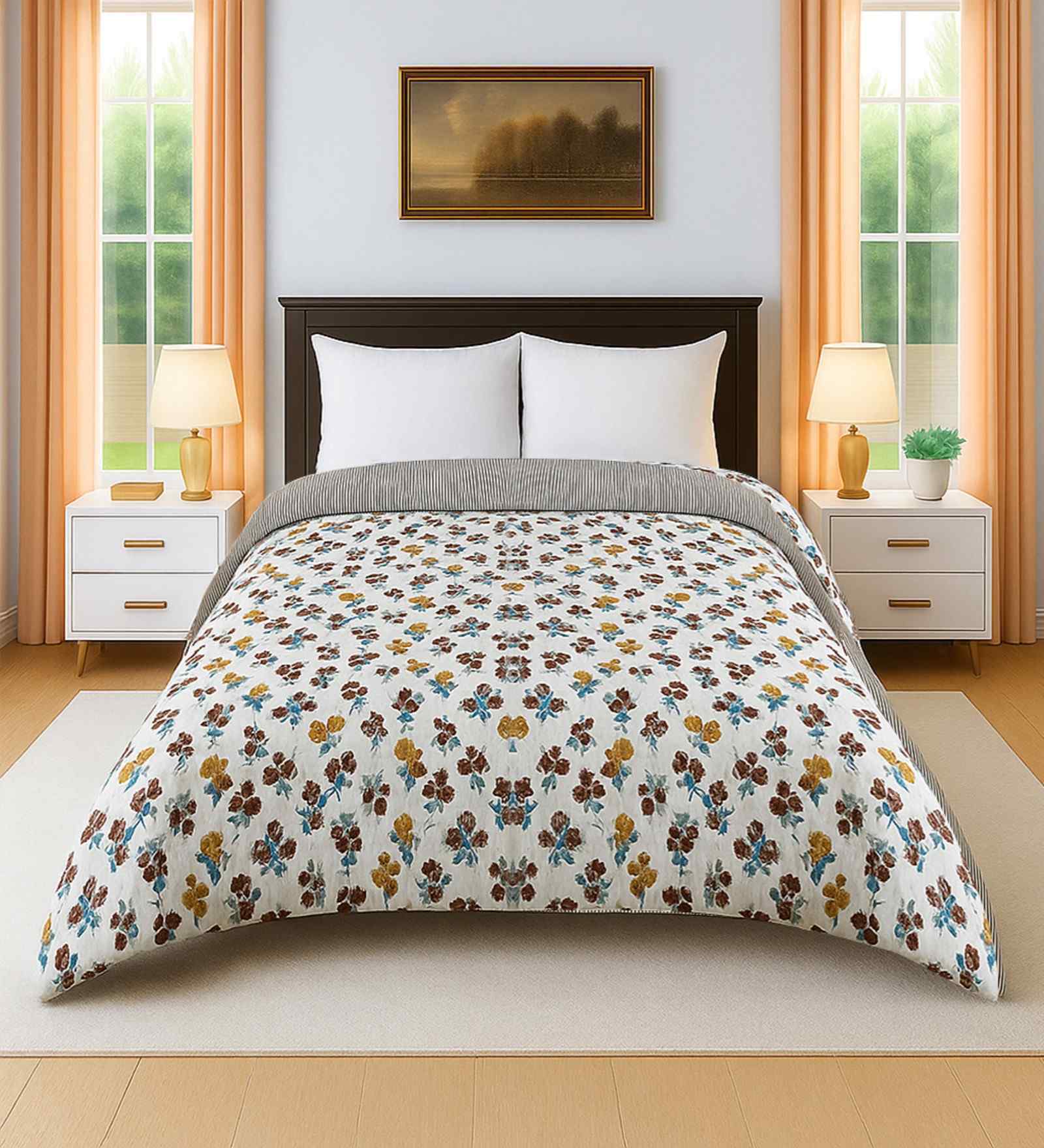 Multicolor Cotton Floral 300 GSM Double Bed Reversible Comforter