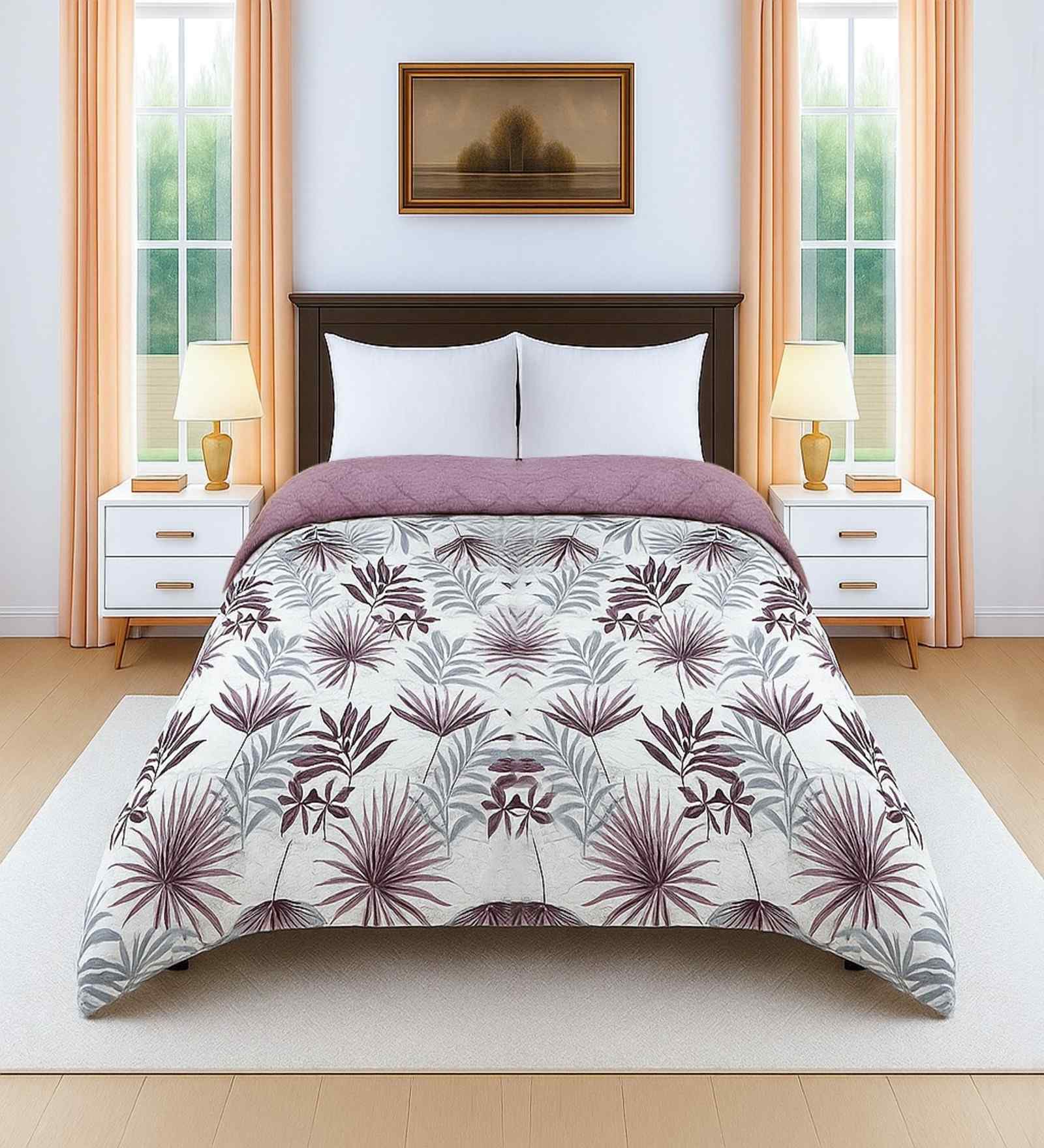 Purple Cotton Floral 300 GSM Double Bed Reversible Comforter