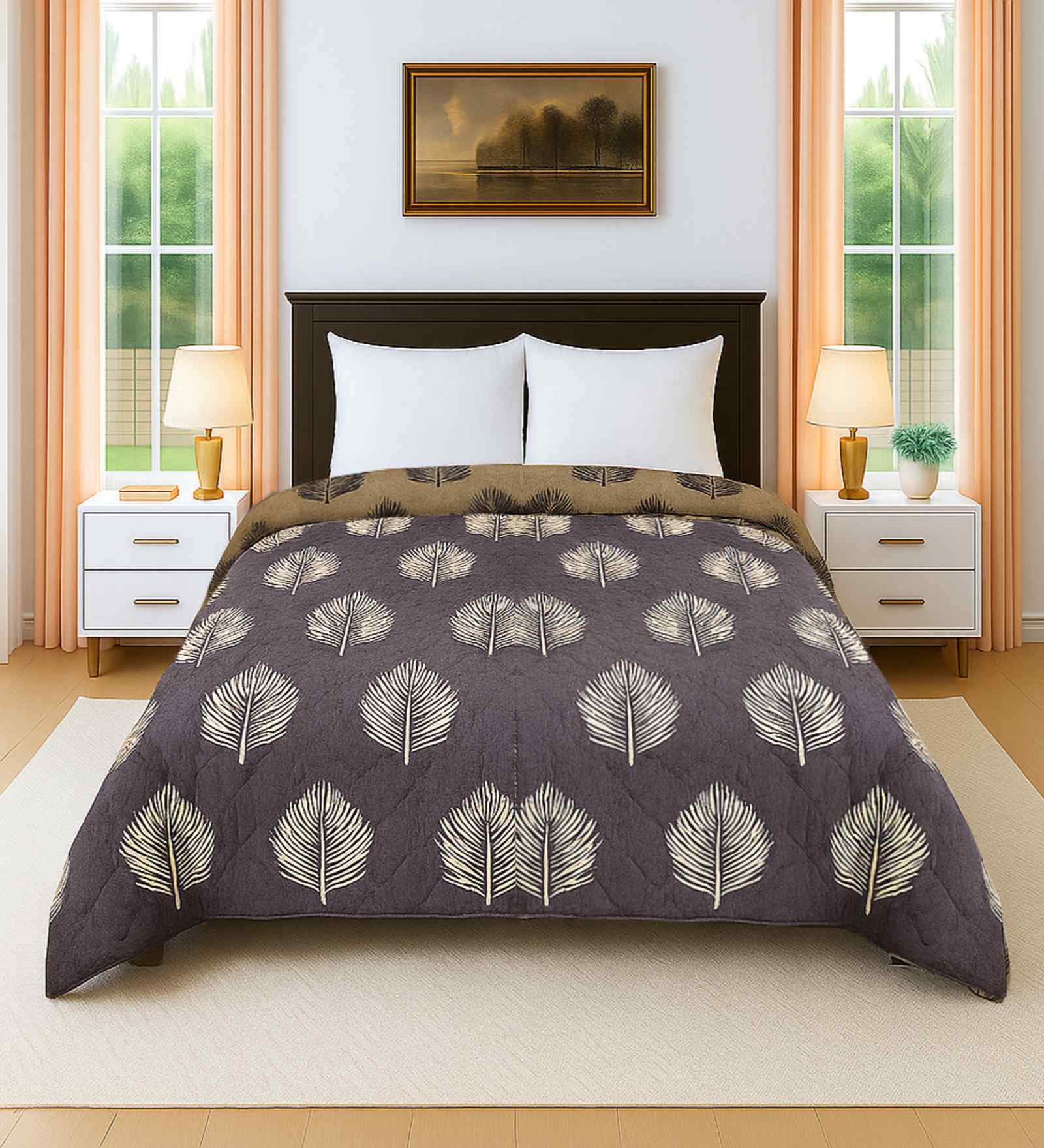 Brown Cotton Floral 300 GSM Double Bed Reversible Comforter