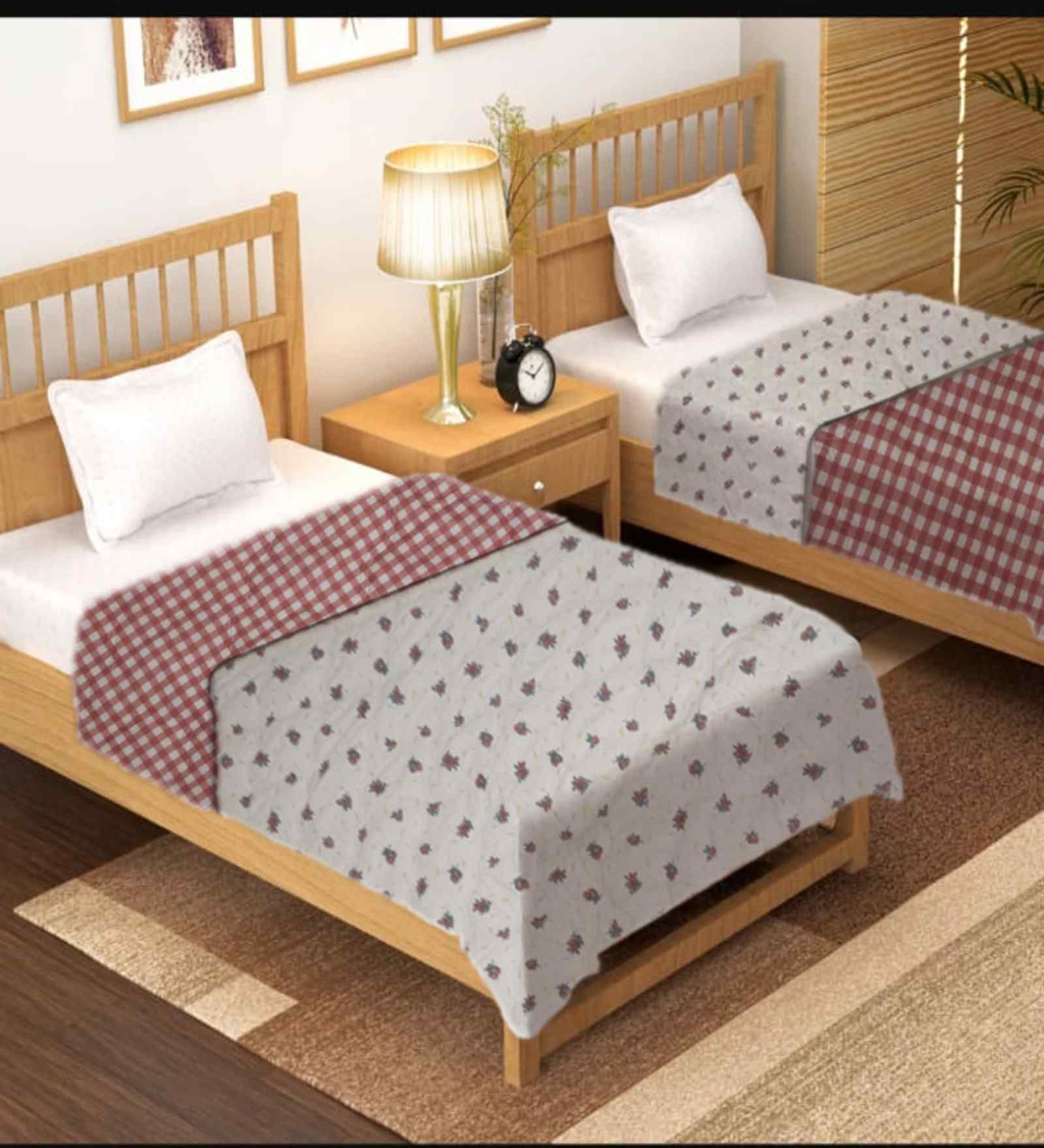 Pink and Grey Cotton Floral 300 GSM Single Bed Reversible Comforter