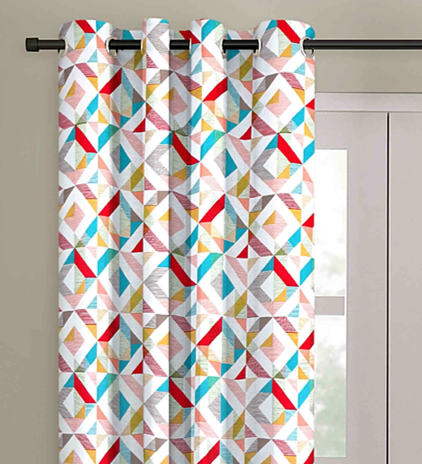 Multicolor Geometric Cotton 9 Ft Semisheer Eyelet Door Curtain