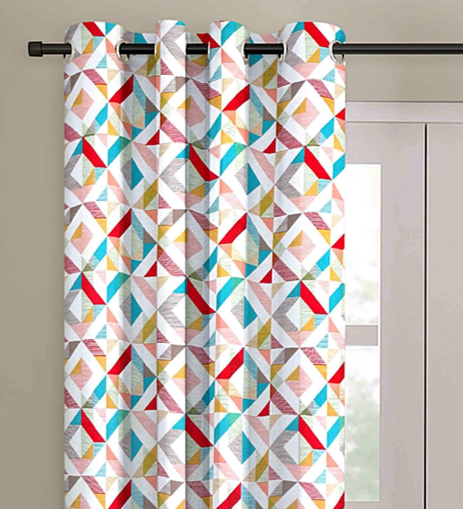 Multicolor Cotton Geometric 9 Ft Semisheer Eyelet 2 Door Curtains