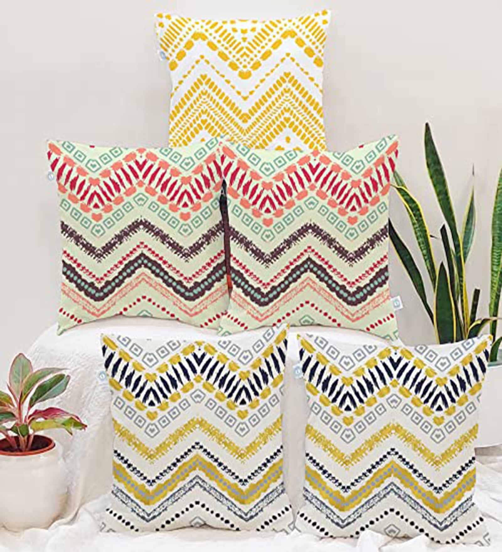 Multicolor Canvas Cotton Geometric 16x16 inches Cushion Covers (Pack of 5)