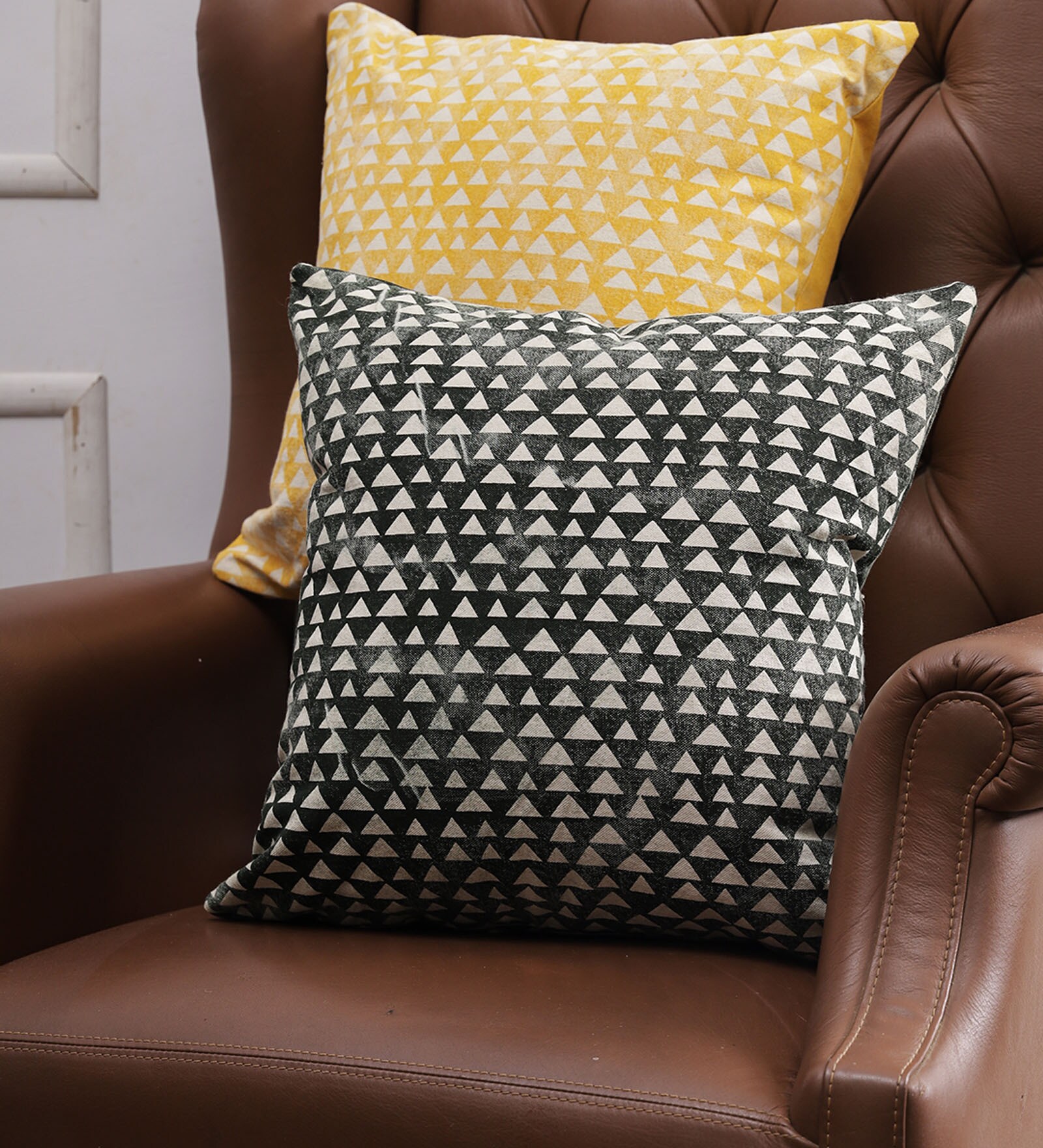Yellow & Black Geometric Cotton 18 x 18 Inches Cushion Covers (Set of 2)