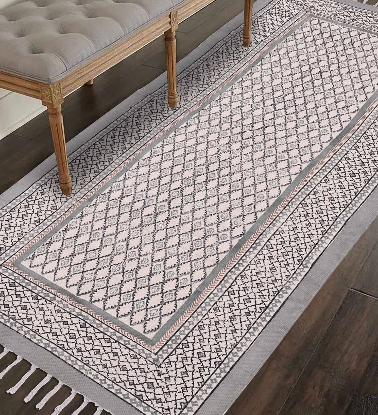 Grey Cotton Geometric 6 ft x 2 ft Inches Runner