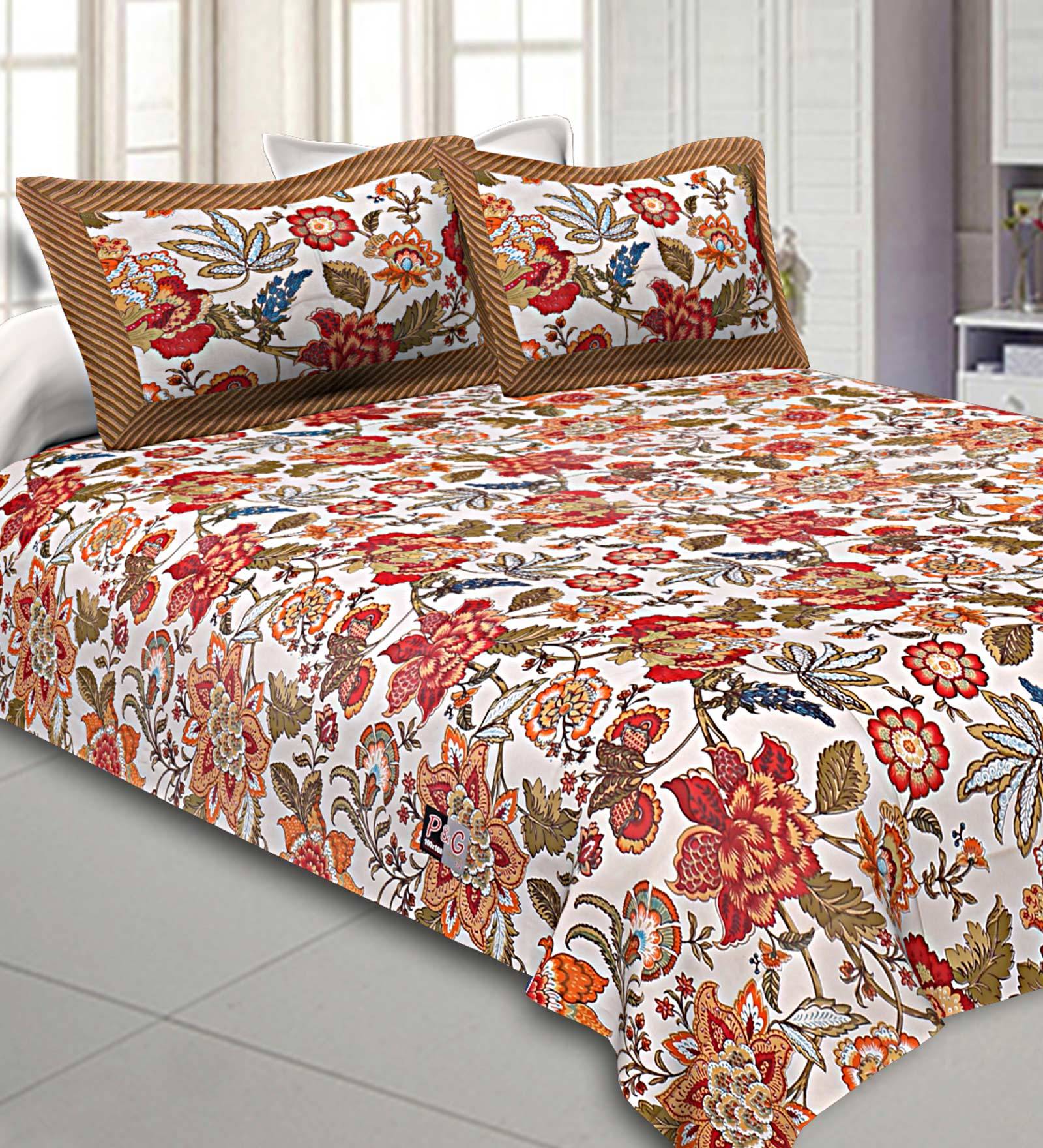 Red Floral 300 TC Cotton 1 Double Bedsheet with 2 Pillow Covers