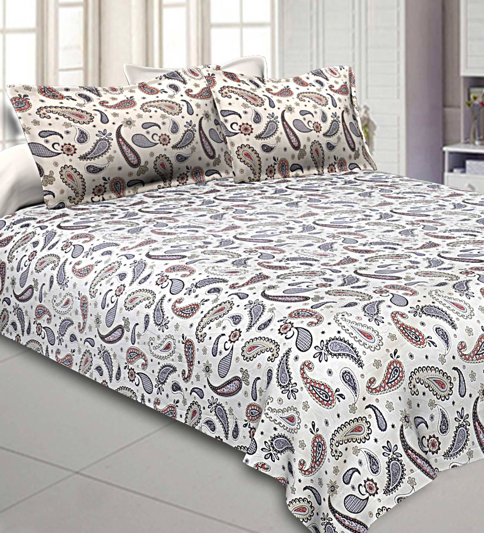 Grey Floral 300 TC Cotton 1 Double Bedsheet with 2 Pillow Covers