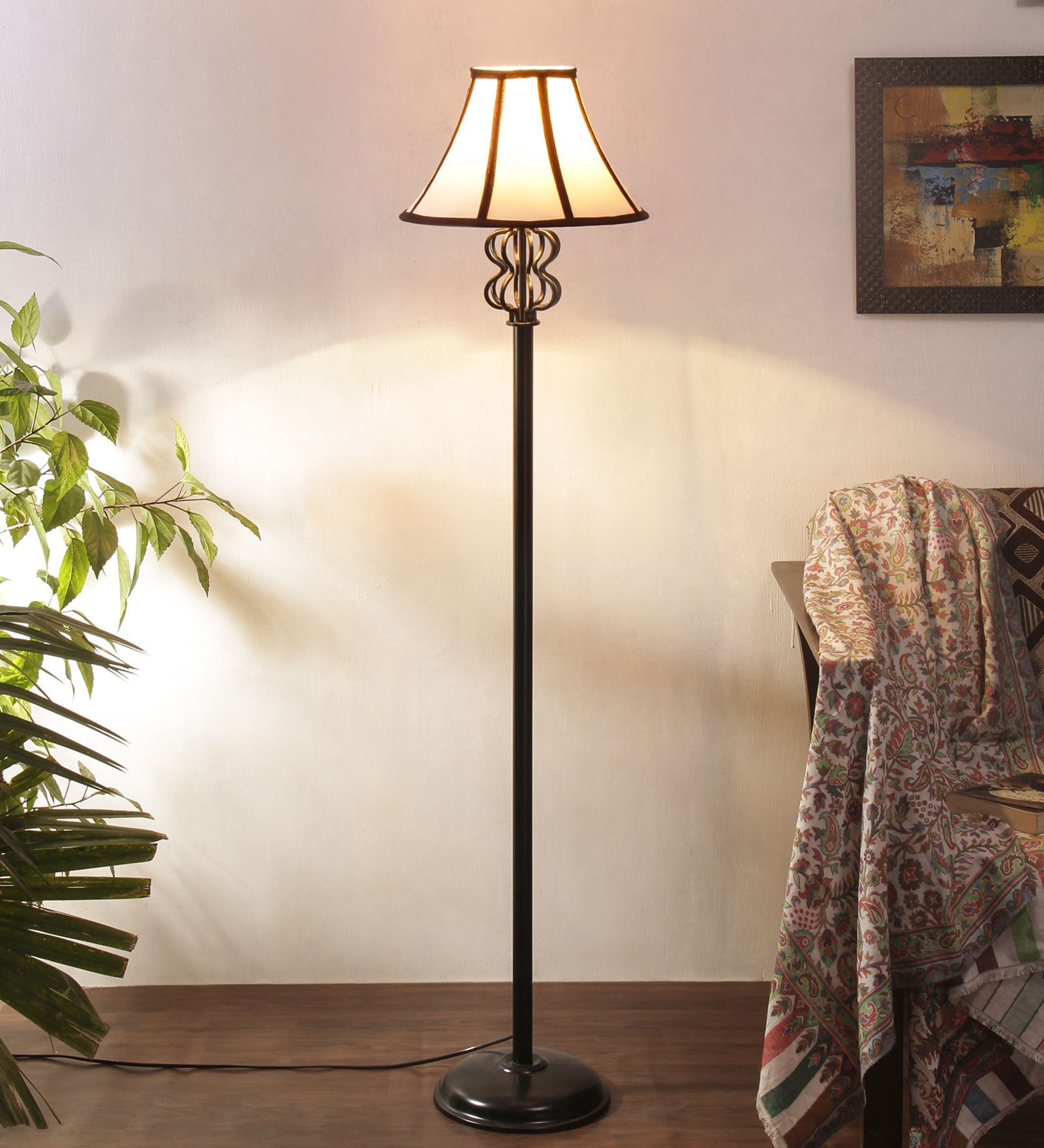 Multicolor Cotton Shade Floor Lamp with Black Base