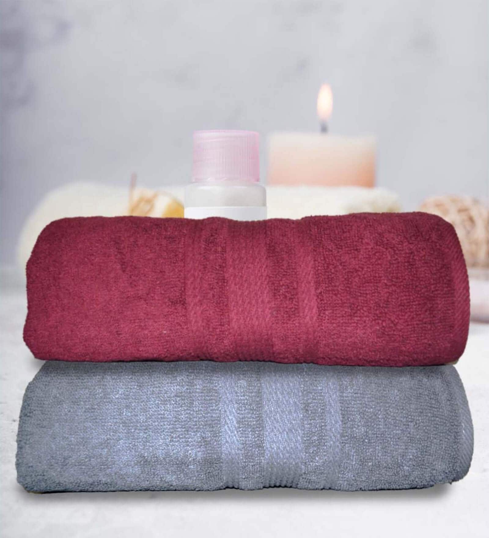 Grey & Maroon Cotton Solid 500 GSM Bath Towels (Set of 2)