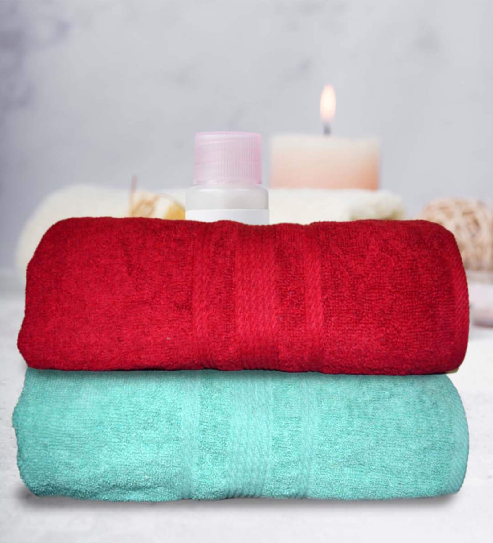 Sea Green & Red Cotton Solid 500 GSM Bath Towels (Set of 2)