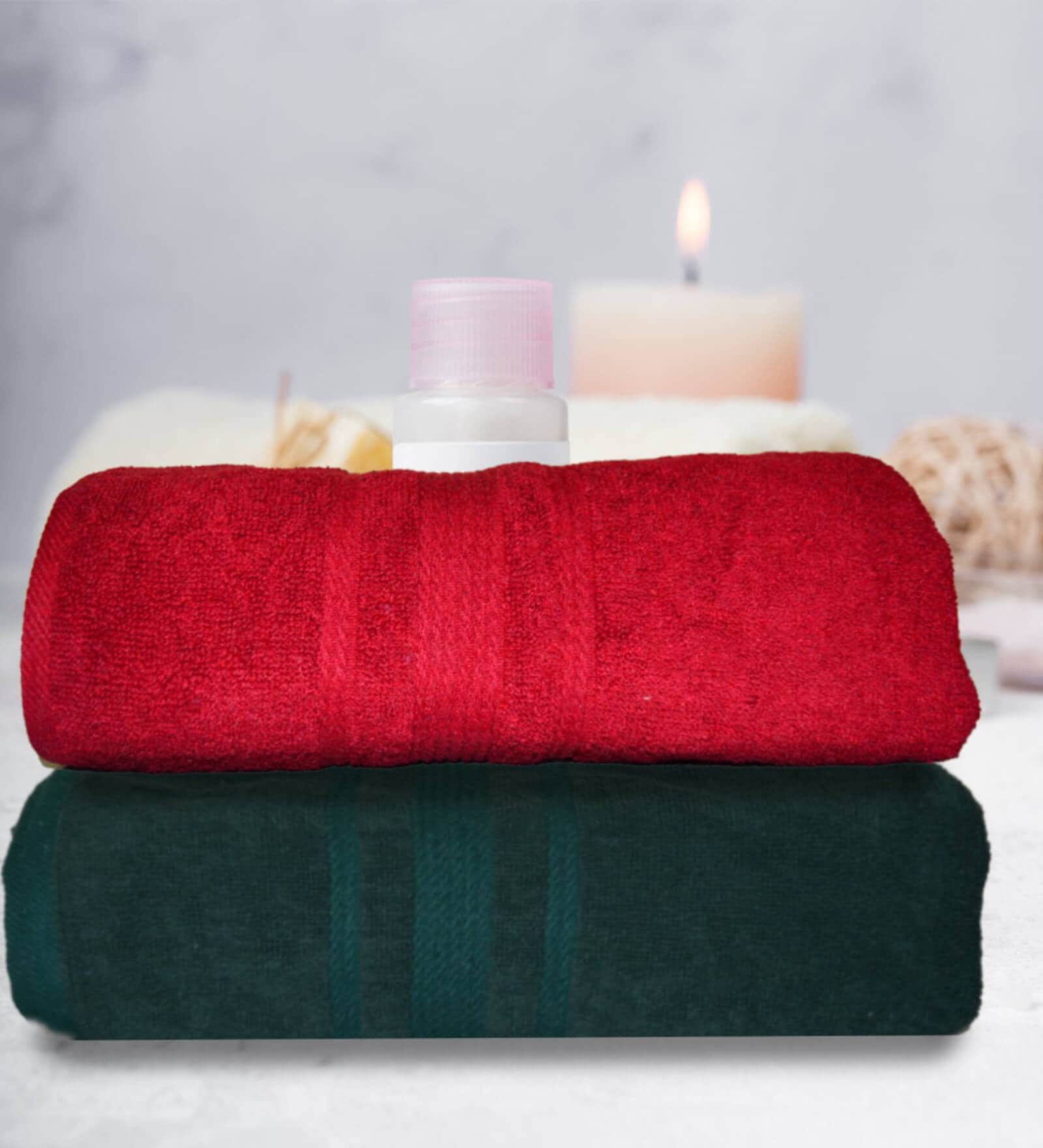 Sea Green & Red Cotton Solid 500 GSM Bath Towels (Set of 2)