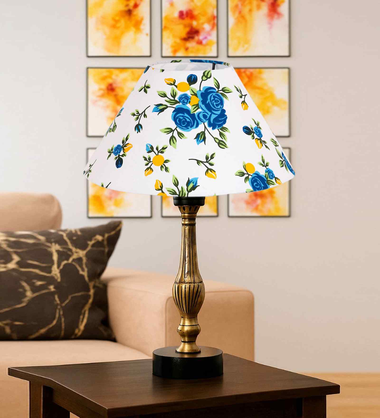 Multicolor Cotton Table Lamp With  Metal & Wood  Base 10X15 Inches