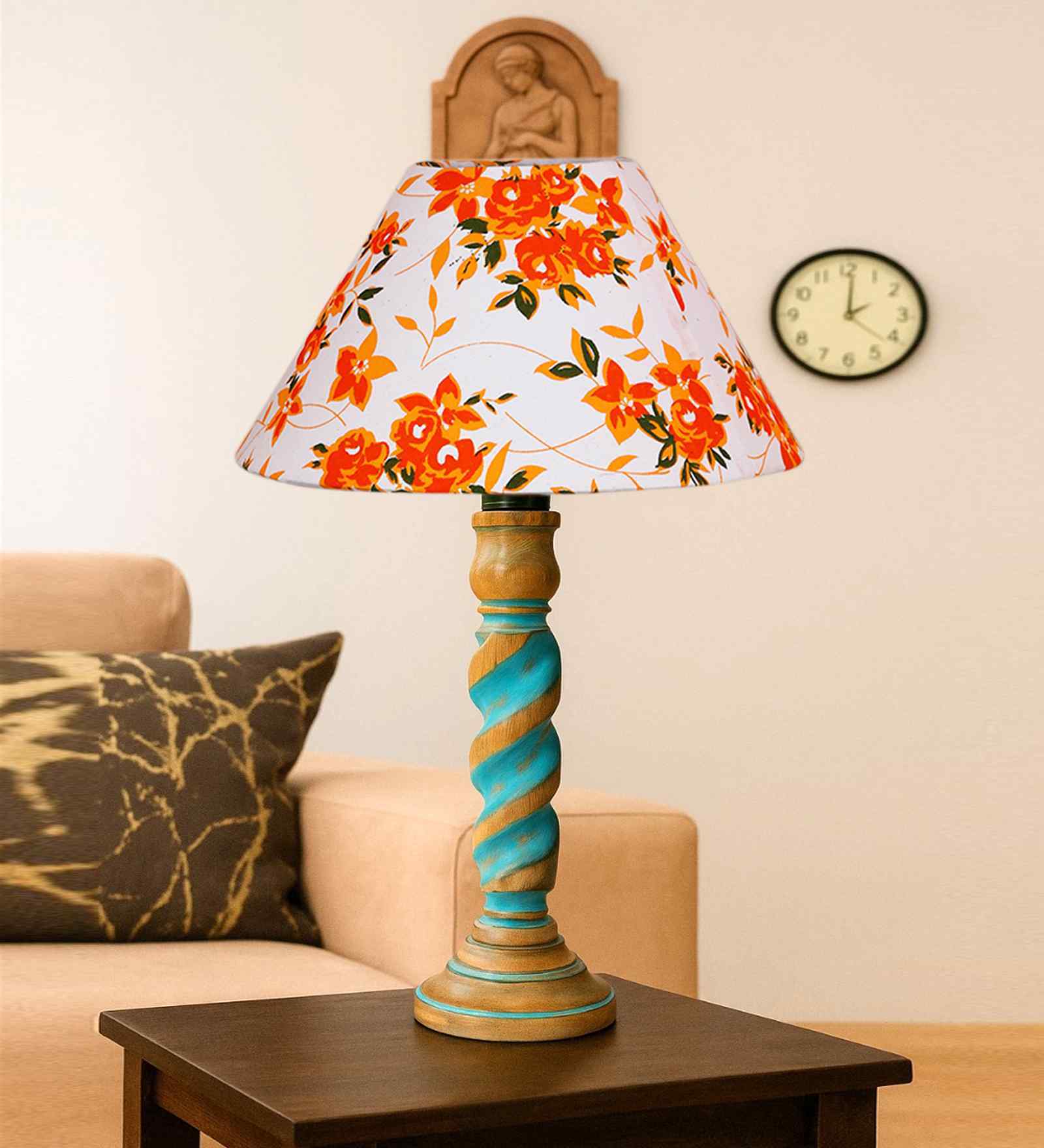 Multicolor Cotton Table Lamp With  Wood  Base 10X19 Inches