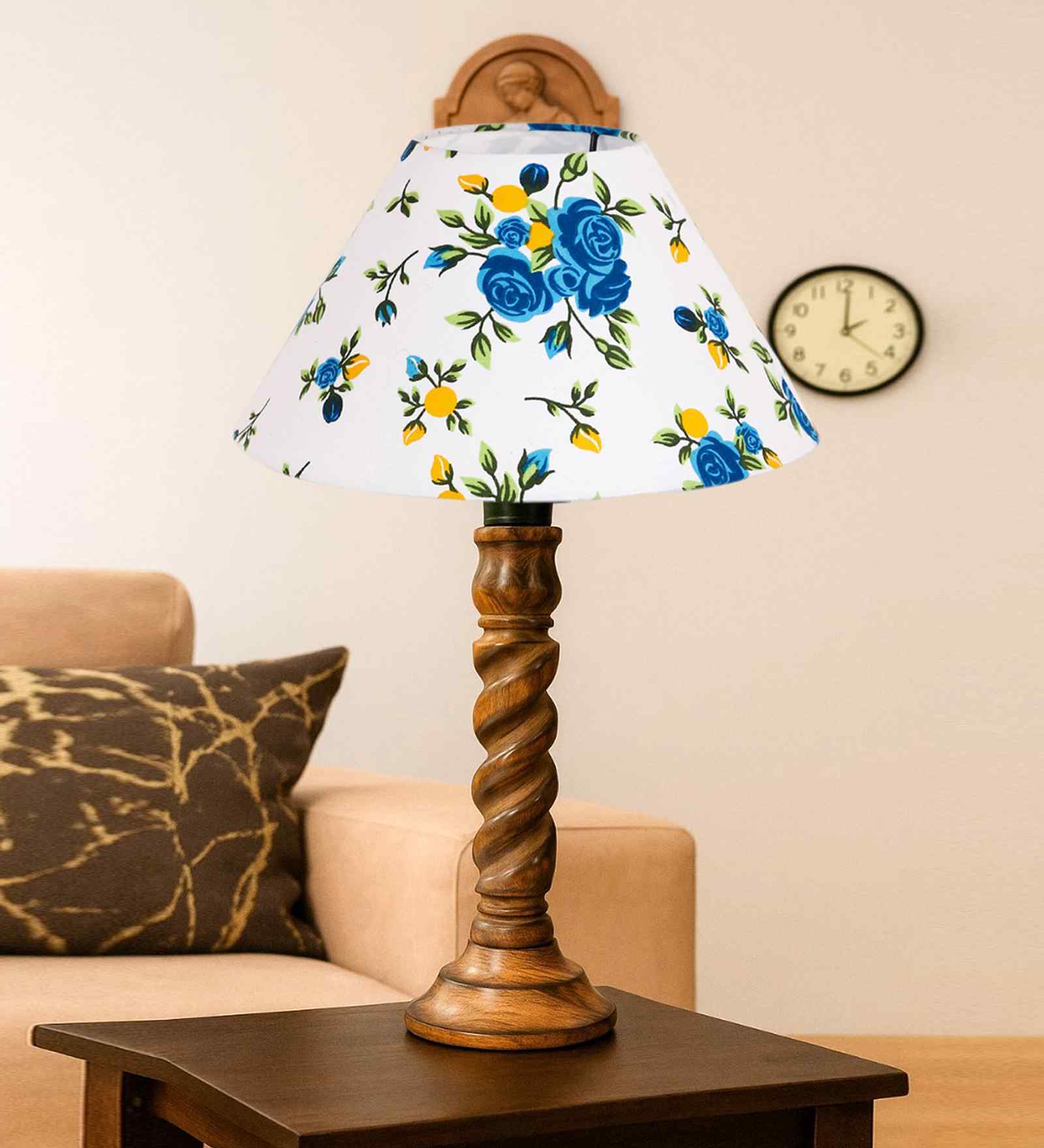Multicolor Cotton Table Lamp With  Wood  Base 10X19 Inches