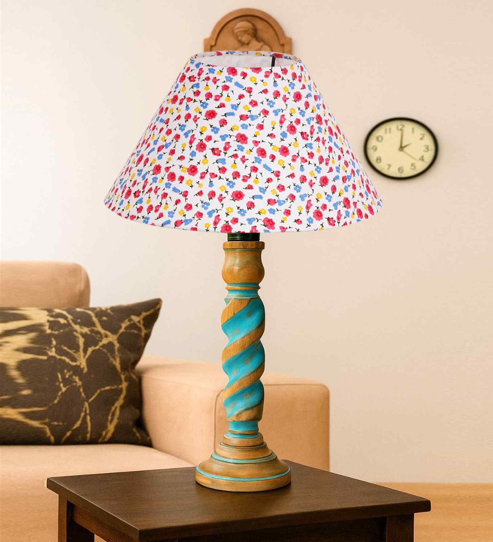 Multicolor Cotton Table Lamp With  Wood  Base 10X19 Inches