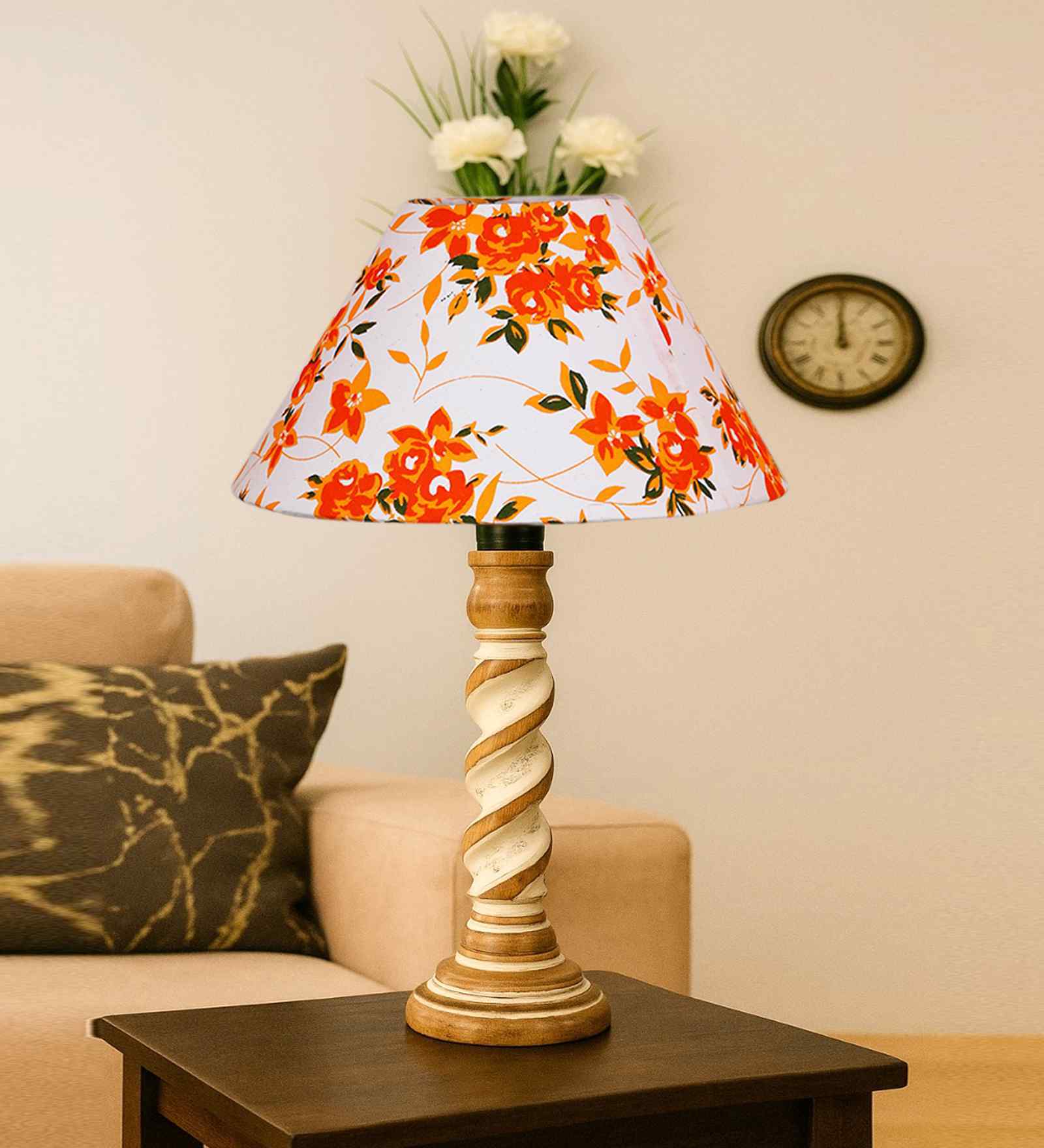 Multicolor Cotton Table Lamp With  Wood  Base 10X19 Inches
