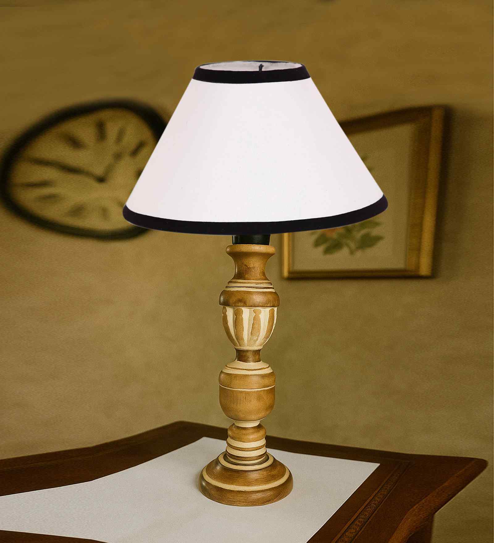Multicolor Cotton Table Lamp With  Wood  Base 10X19 Inches