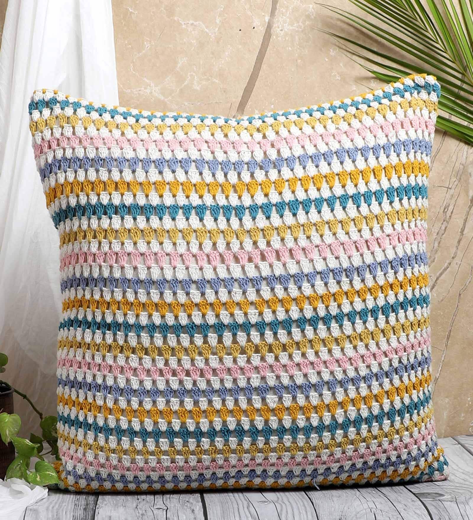 Multicolor Cotton Woven 16x16 inches Crochet Eco-friendly Cushion Cover