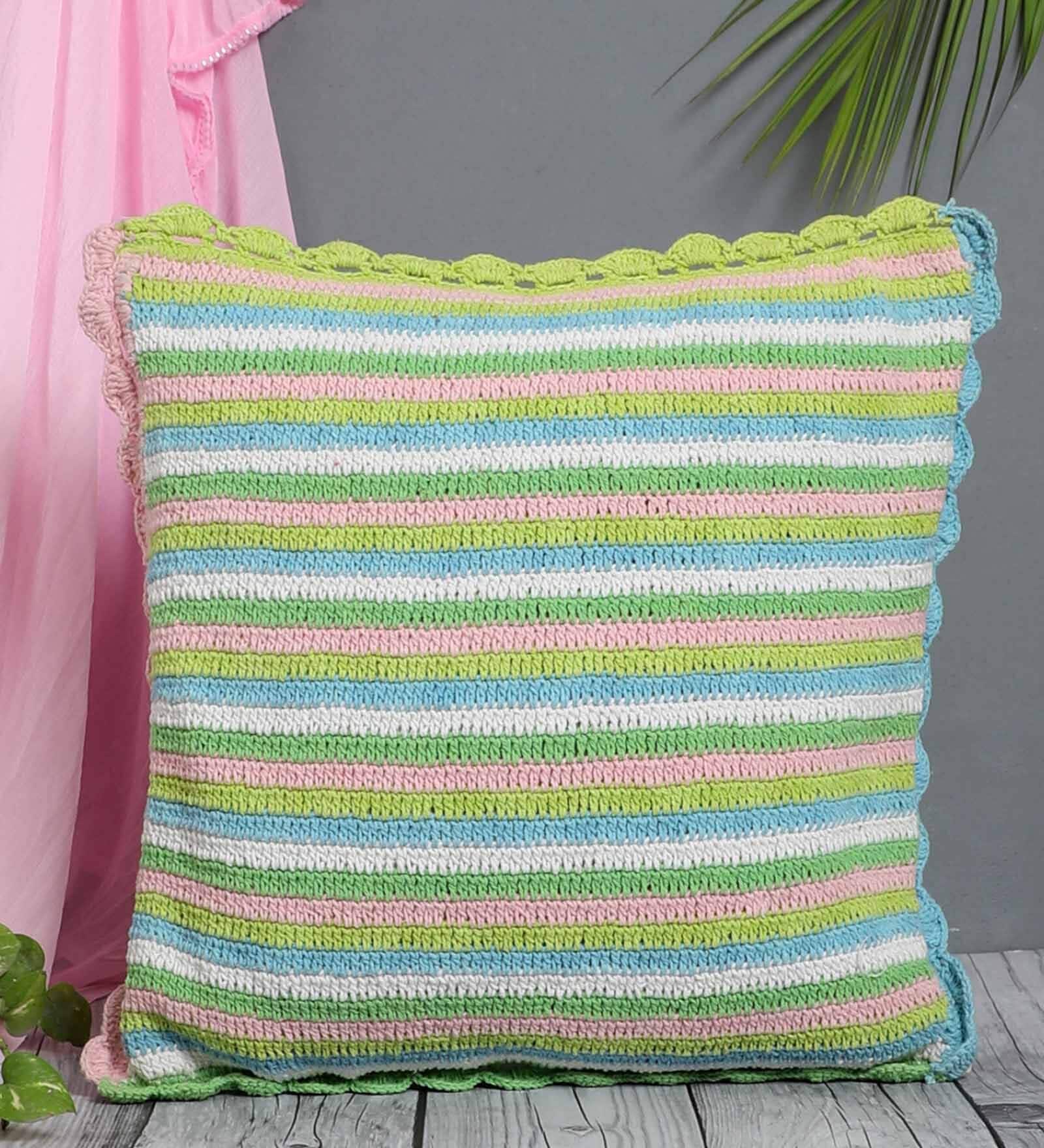 Multicolor Cotton Woven 16x16 inches Crochet Handmade Cushion Cover