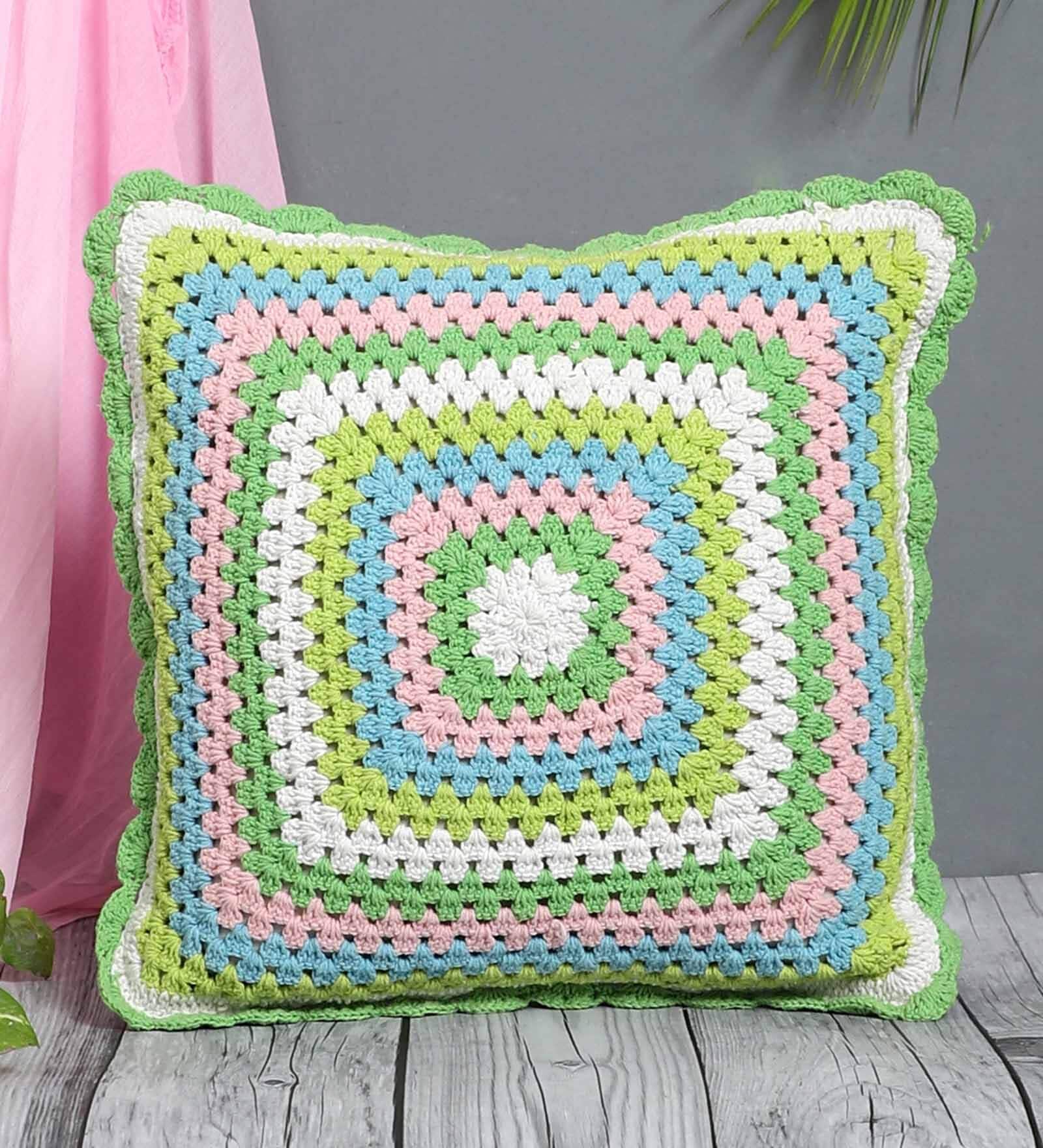 Multicolor Cotton Woven 16x16 inches Crochet Handmade Cushion Cover