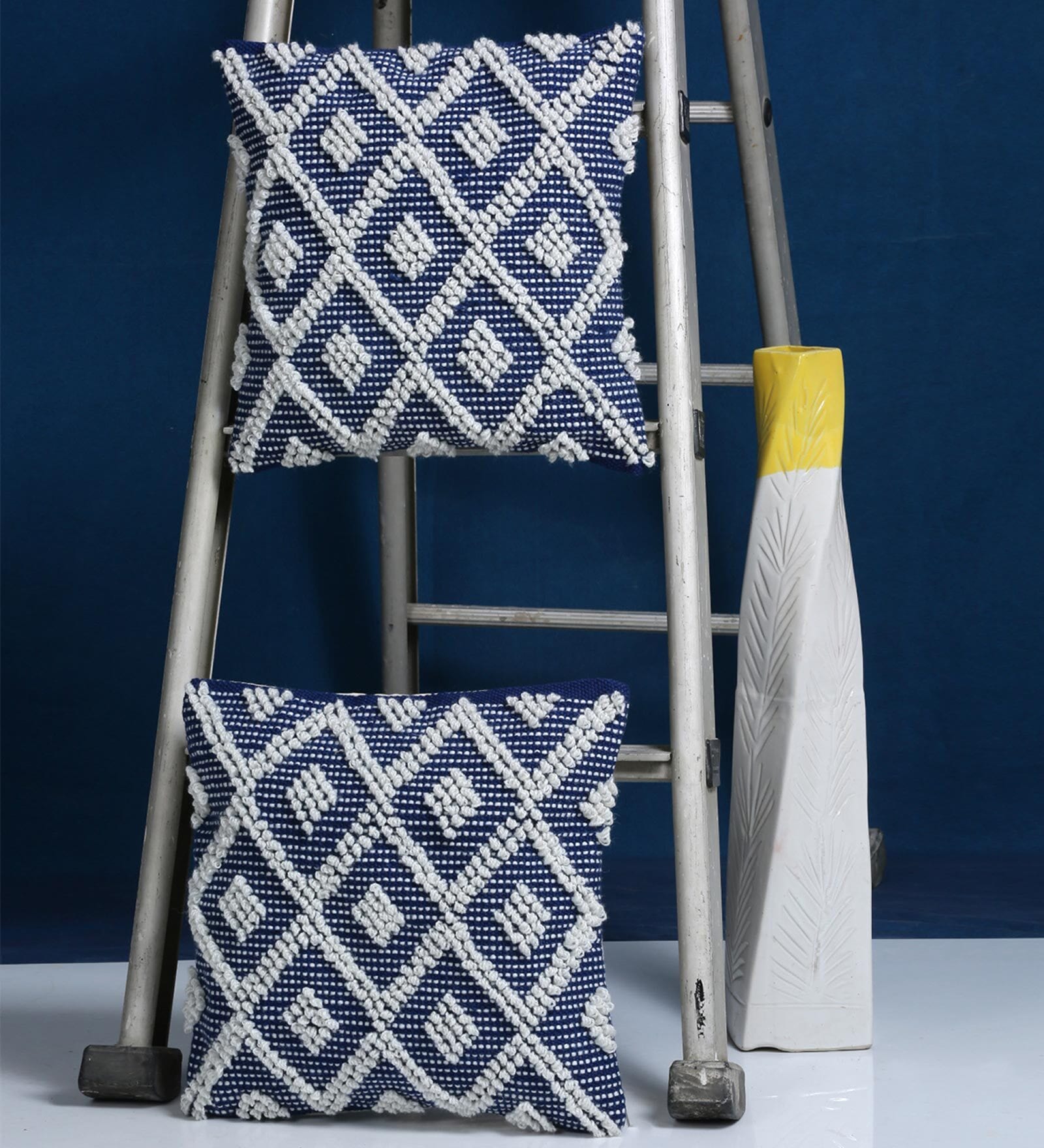 White & Grey Woven Cotton 16 x 16 Inches Cushion Covers (Set of 2)