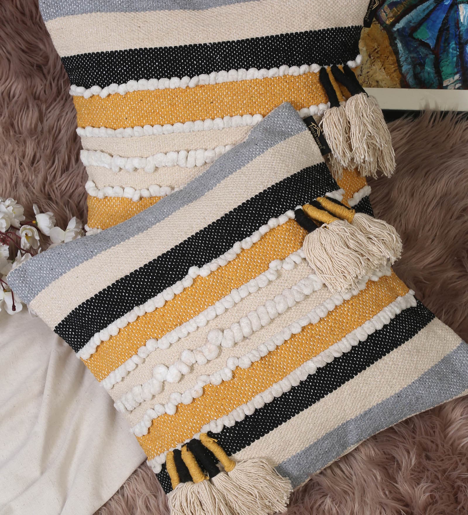 Multicolor Striped Woven Cotton 16 x 16 Inches Cushion Covers (Set of 2)