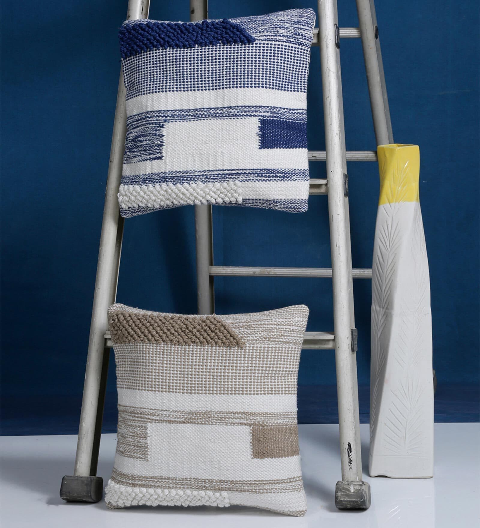 Blue & Beige Woven Cotton 16 x 16 Inches Cushion Covers (Set of 2)