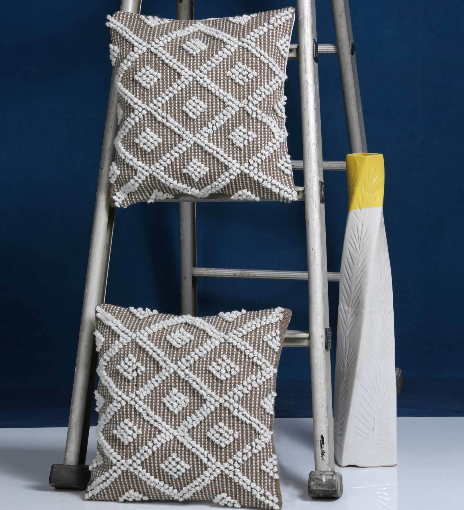 Beige Woven Cotton 16 x 16 Inch Cushion Cover (Set of 2)