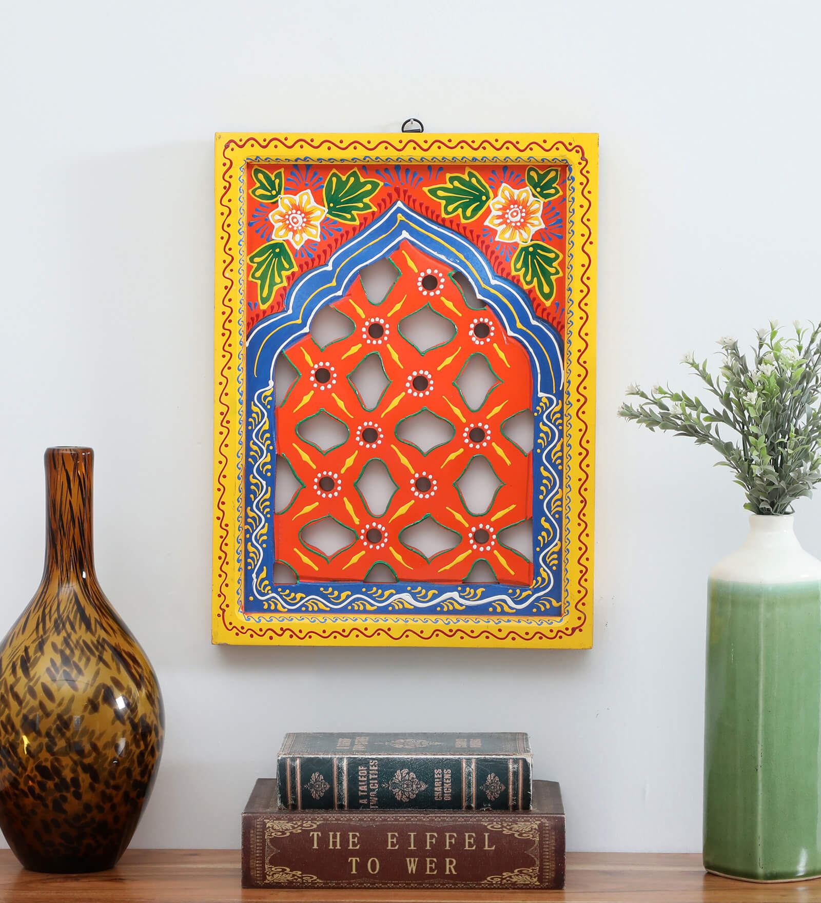 Multicolor Distress Color Handpainted Engineered Wood Carving Jharokha Frame