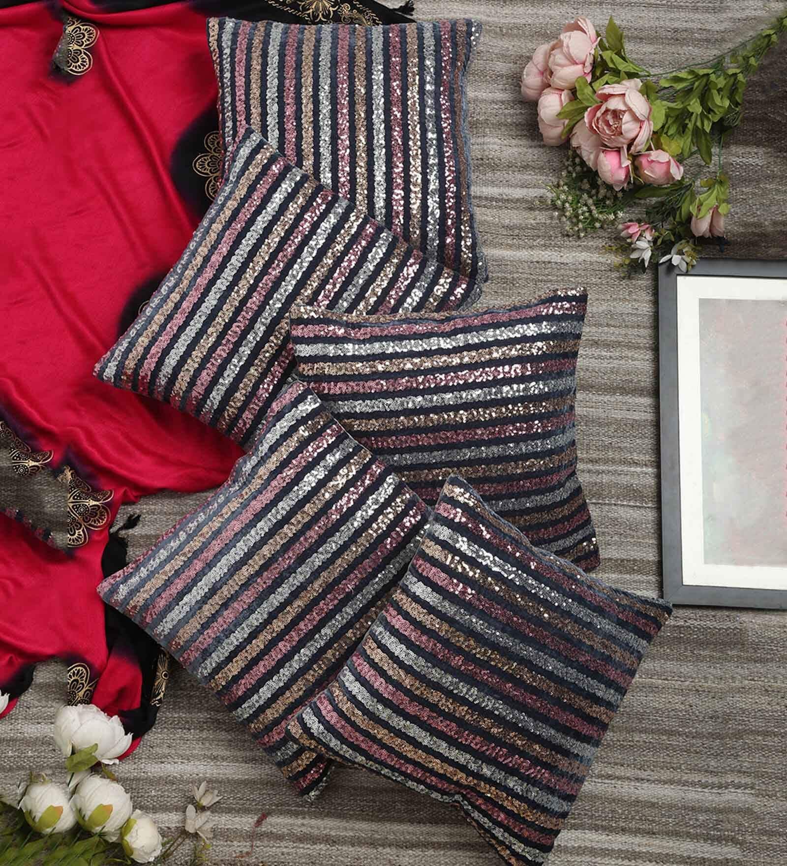 Multicolor Embroidered Polyester 16X16 Inches Cushion Cover (Set of 5)