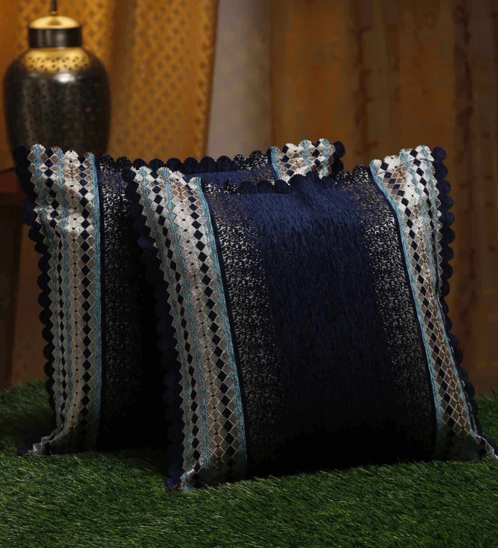 Blue Traditional Velvet 16 x 16 Inches Embroidered Cushion Covers (Set of 2)