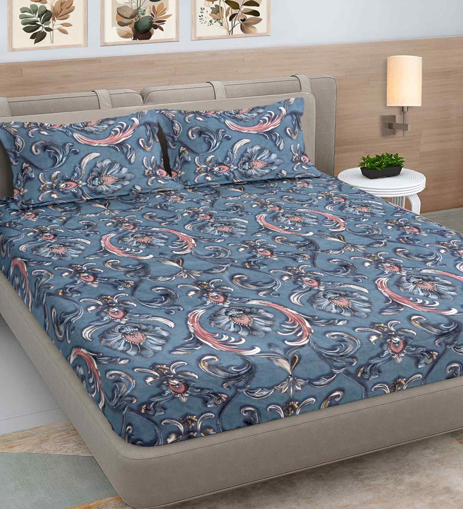 Grey Ethinc 300 TC Cotton Blend 7D King Size Double Bedsheet with 2 Pillow Covers