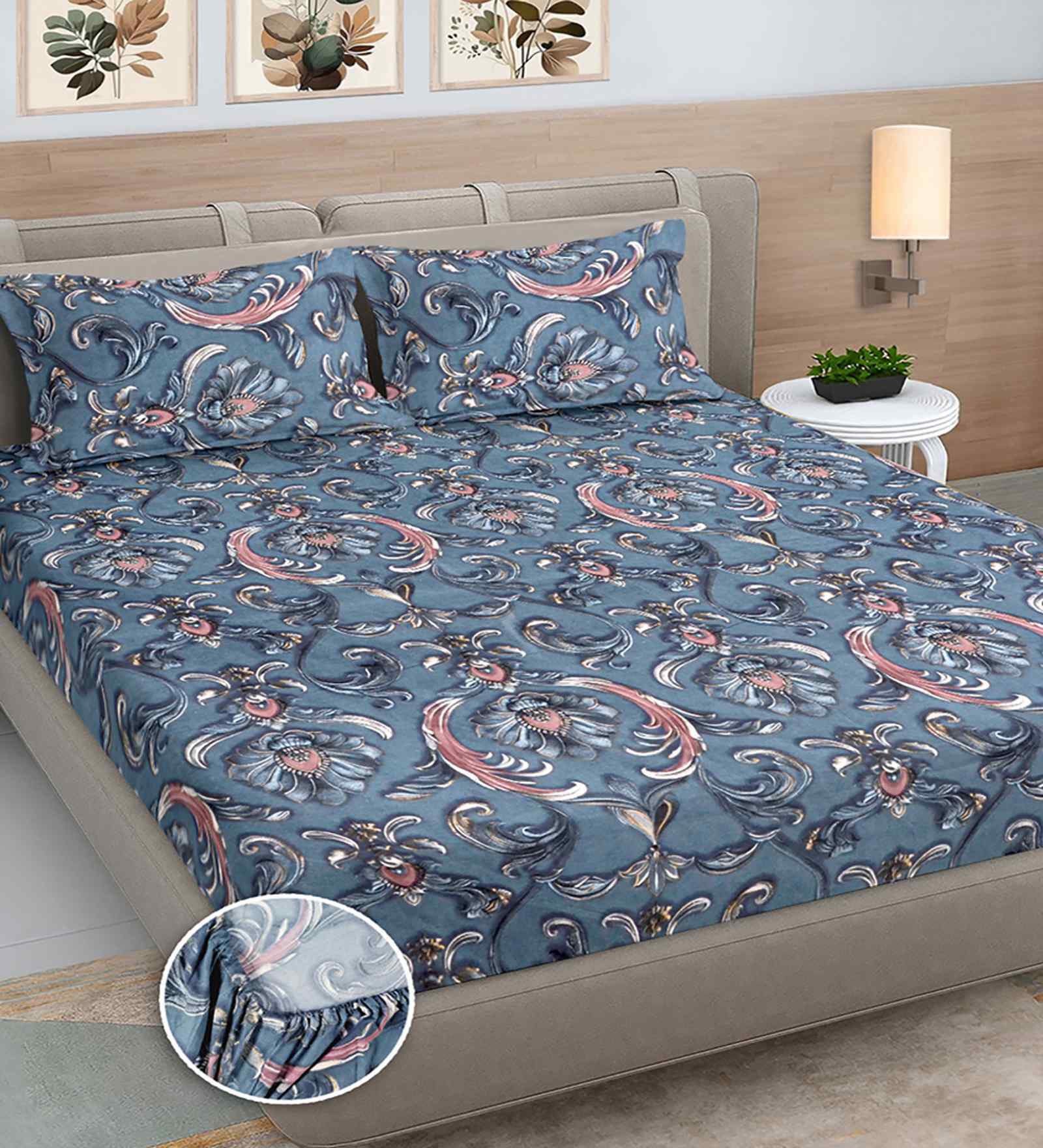 Blue Ethinc 300 TC Cotton Blend 7D King Size Fitted Double Bedsheet with 2 Pillow Covers