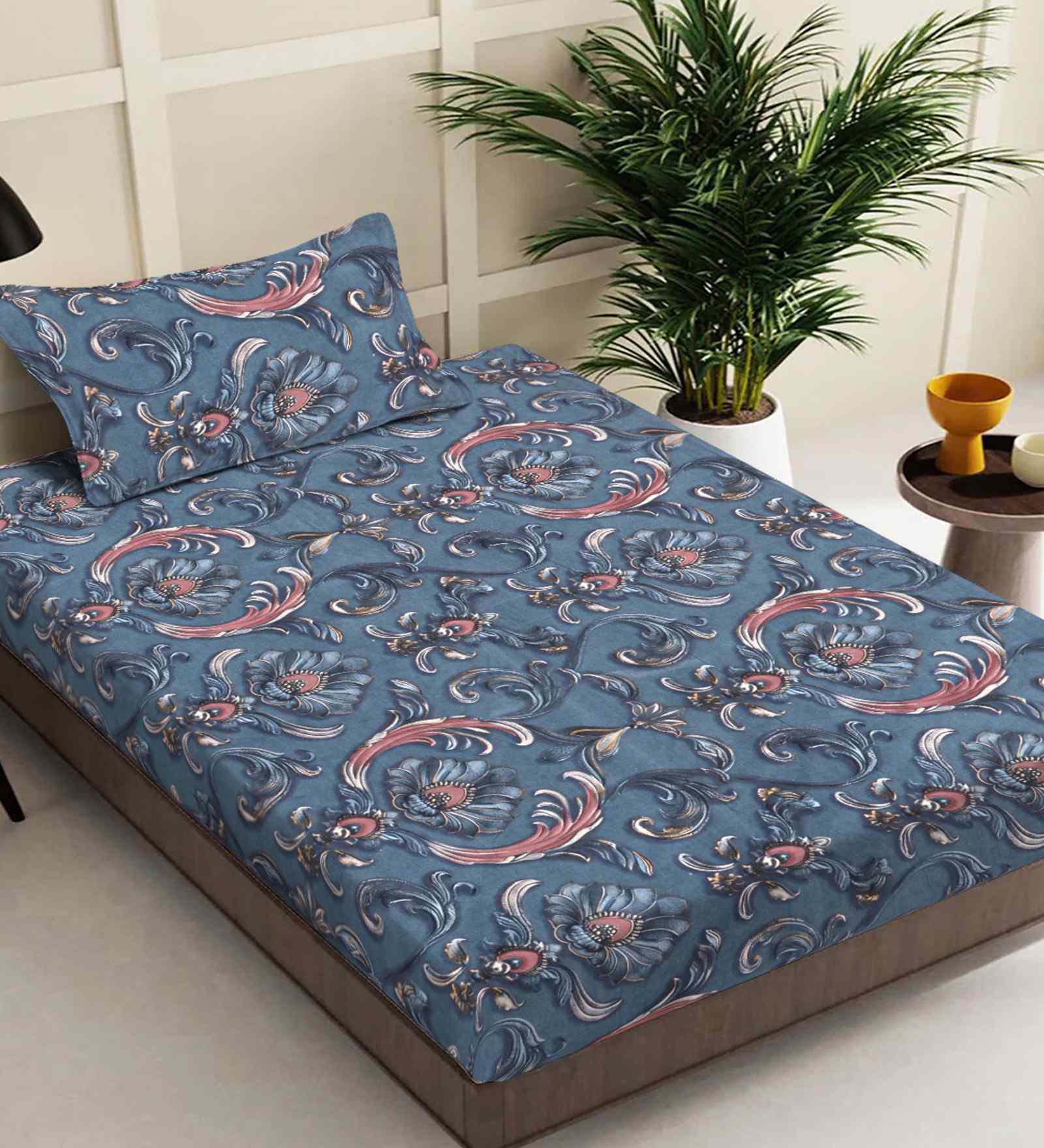 Multicolor Ethinc 300 TC Cotton Blend 7D Single Bedsheet with 1 Pillow Cover
